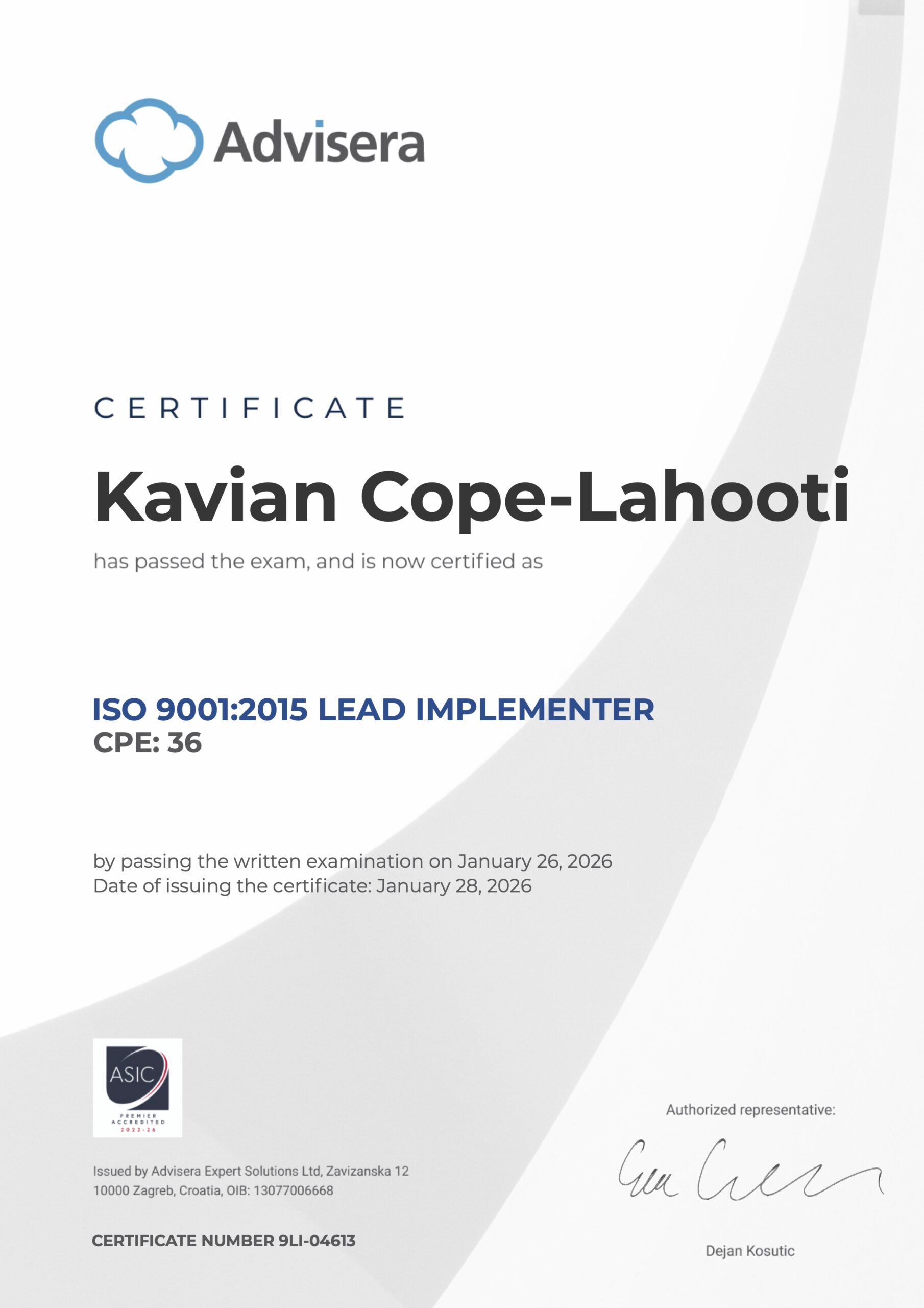 9LI-04613 Certificate ISO 9001 Lead Implementer Kavian Cope-Lahooti