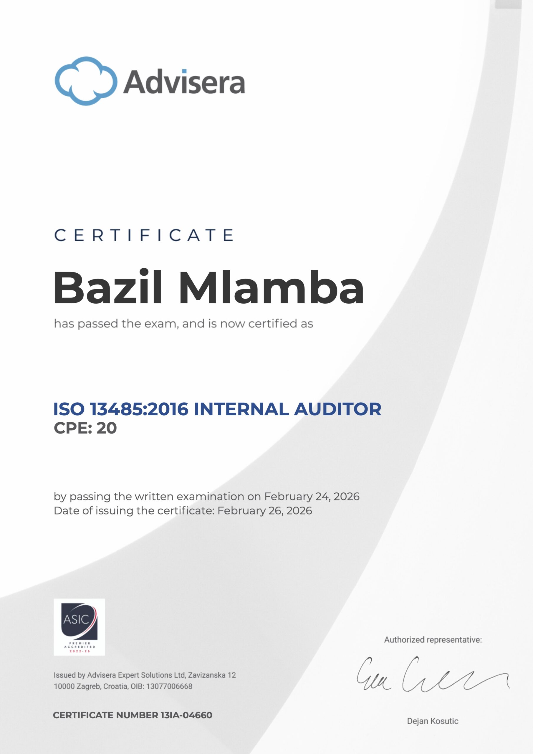 13IA-04660 Certificate ISO 13485 Internal Auditor Bazil Mlamba
