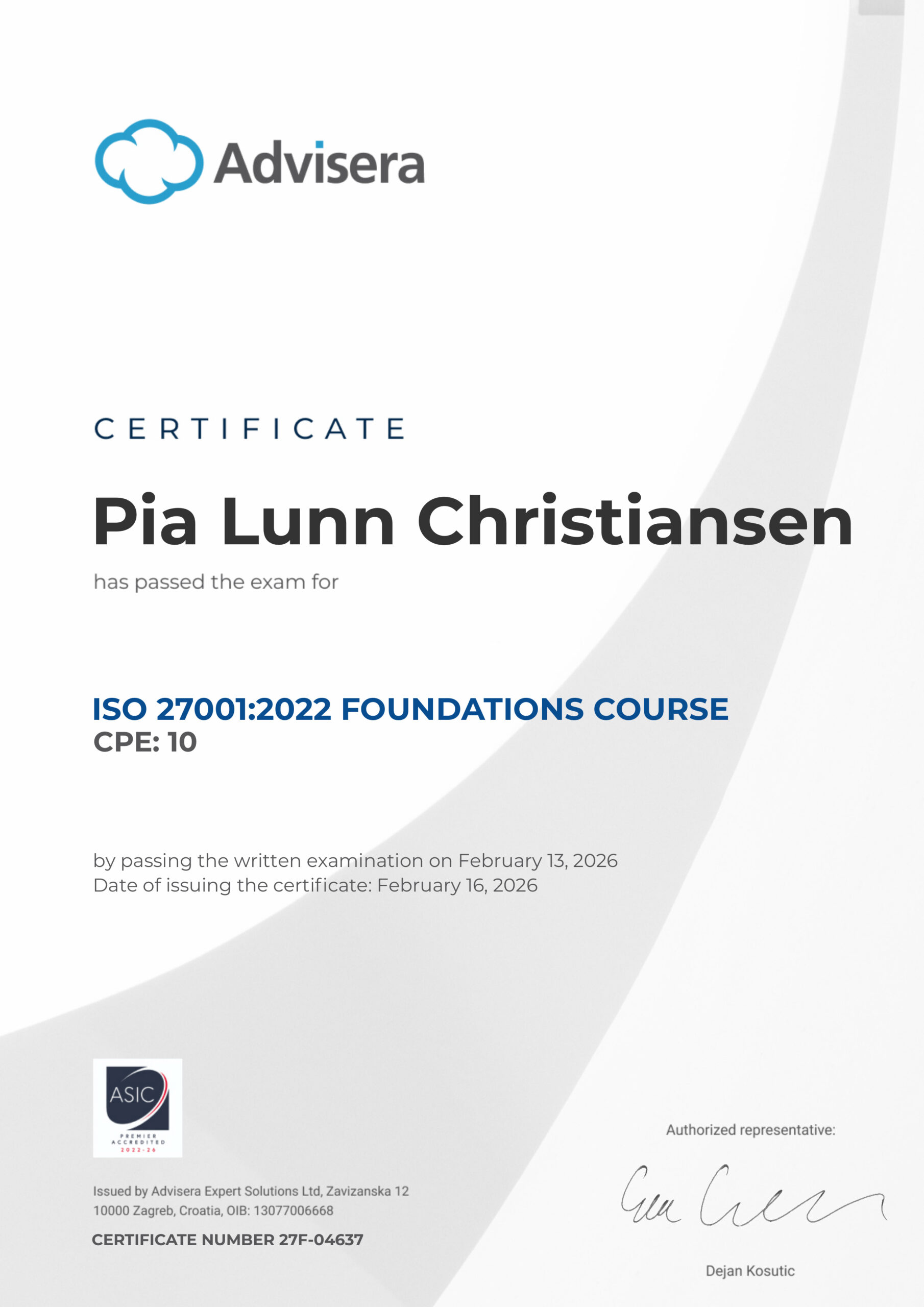 27F-04637 Certificate ISO 27001 Foundations Pia Lunn Christiansen