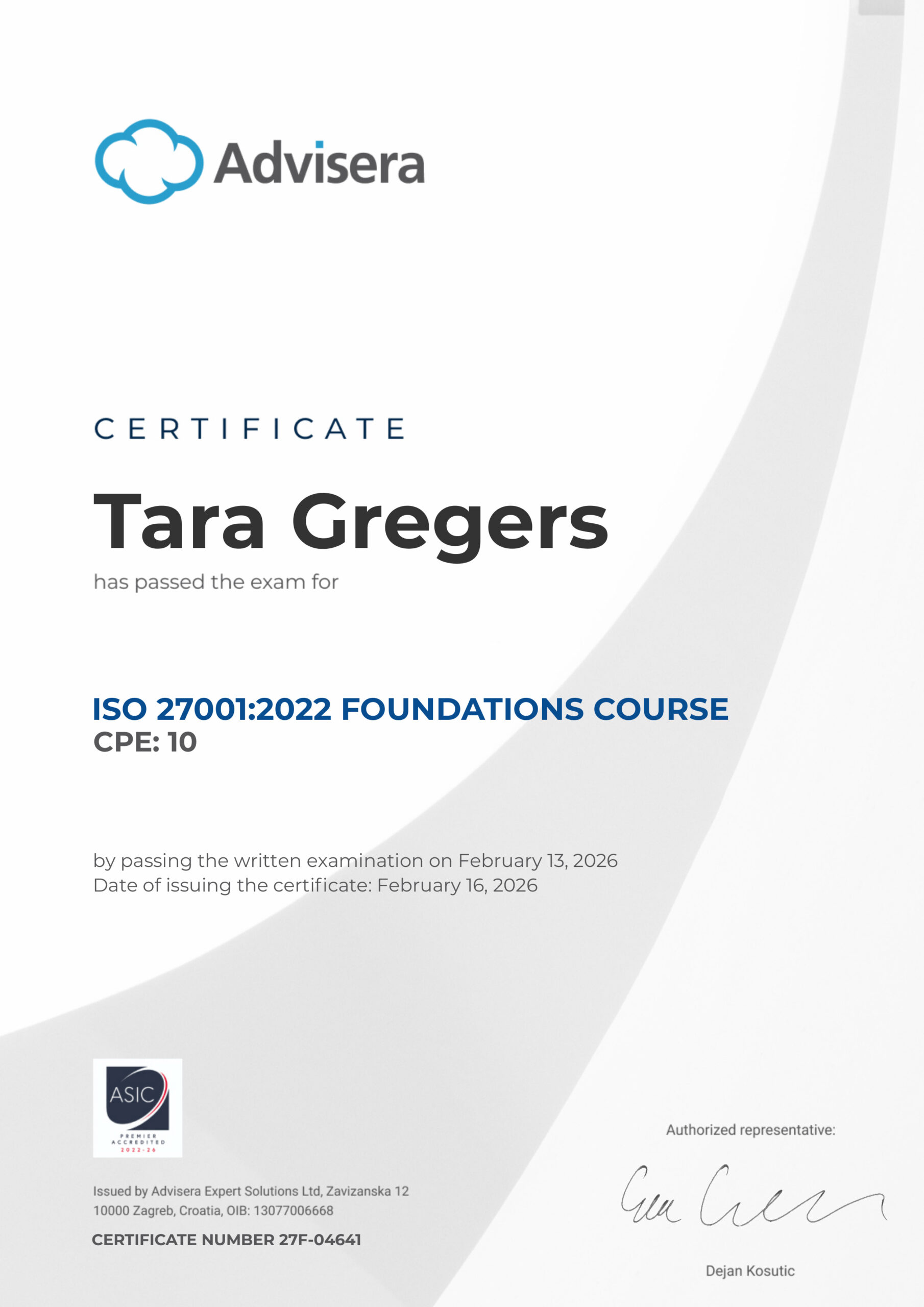 27F-04641 Certificate ISO 27001 Foundations Tara Gregers