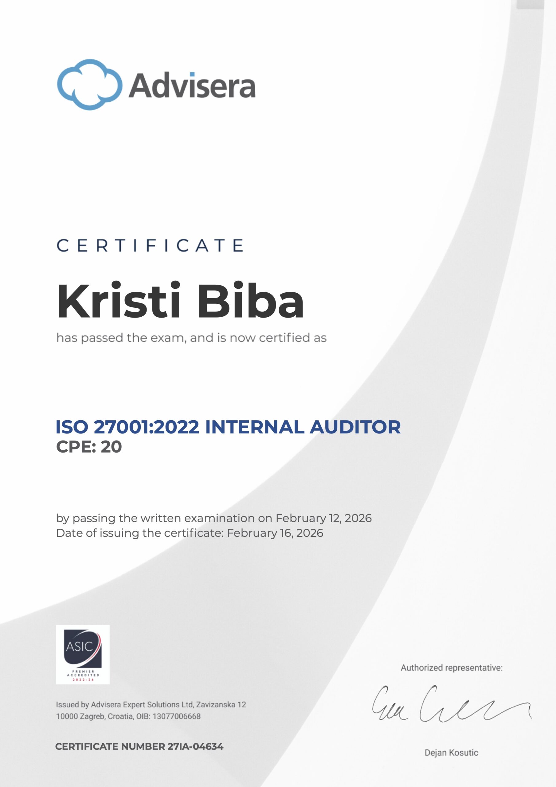 27IA-04634 Certificate ISO 27001 Internal Auditor Kristi Biba