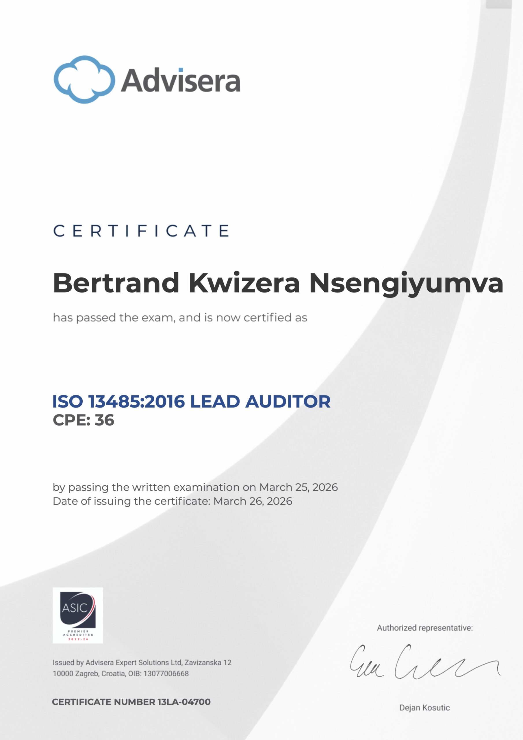 13LA-04700 Certificate ISO 13485 Lead Auditor Bertrand Kwizera Nsengiyumva