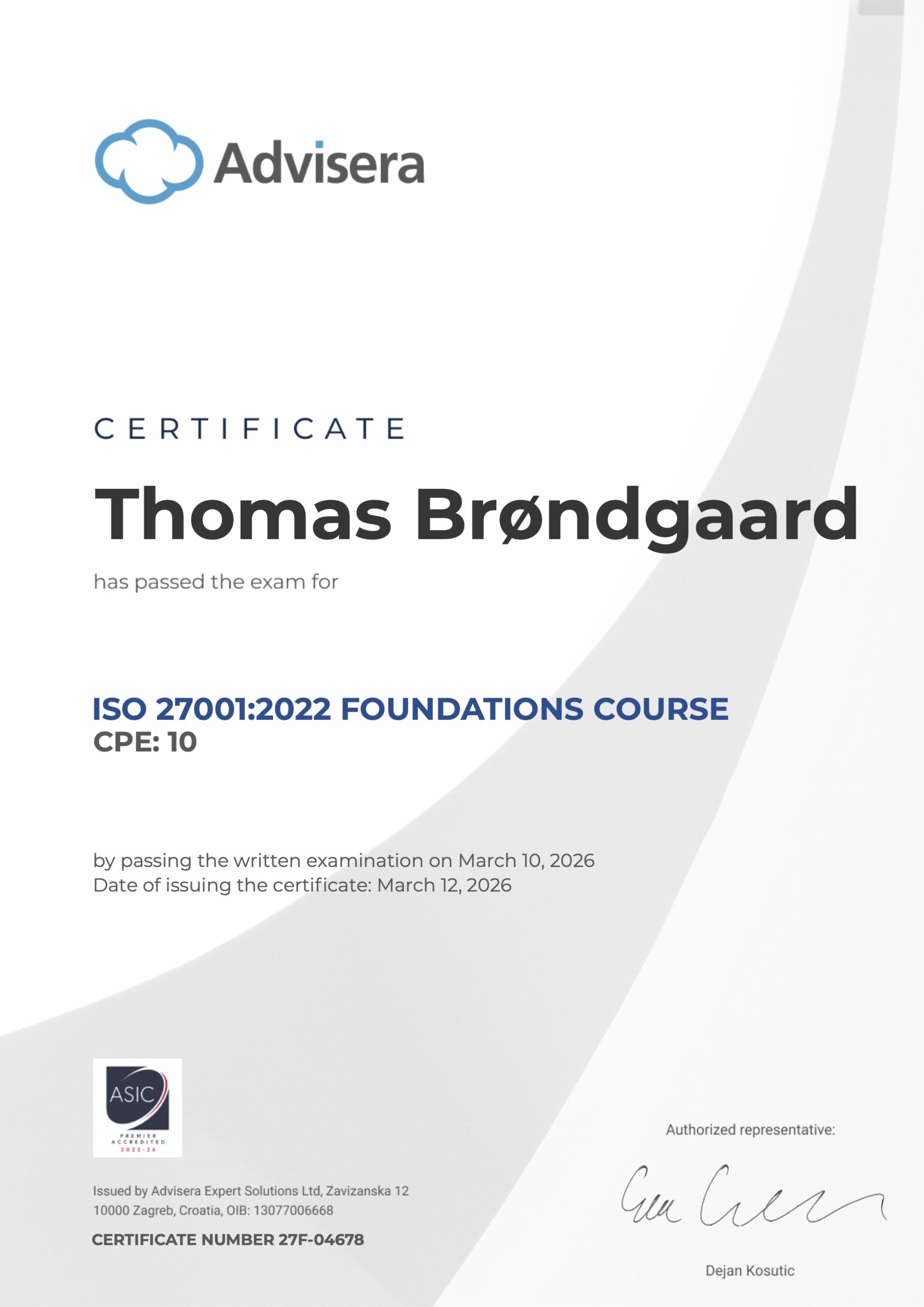 27F-04678 Certificate ISO 27001 Foundations Thomas Brøndgaard