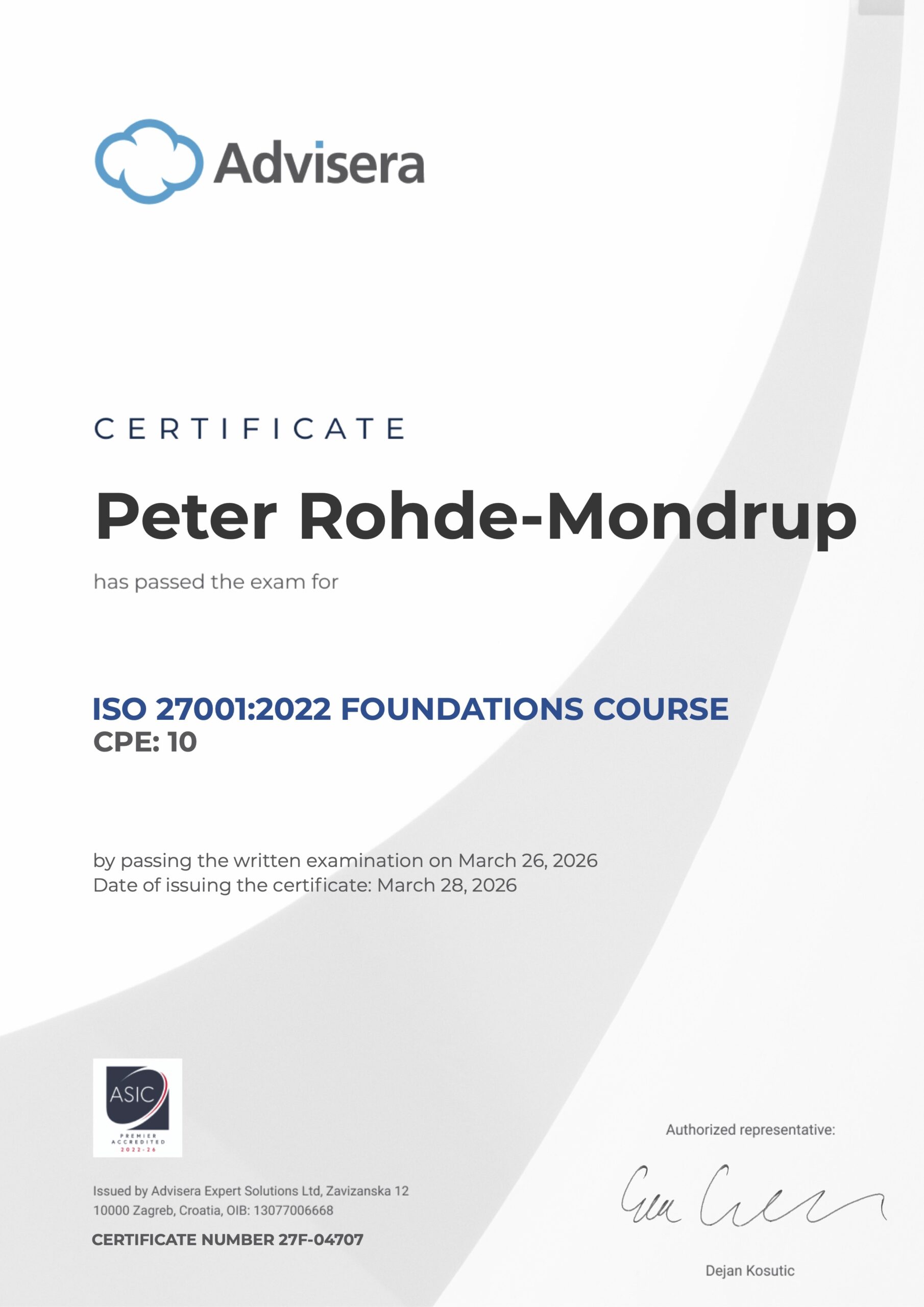 27F-04707 Certificate ISO 27001 Foundations Peter Rohde-Mondrup