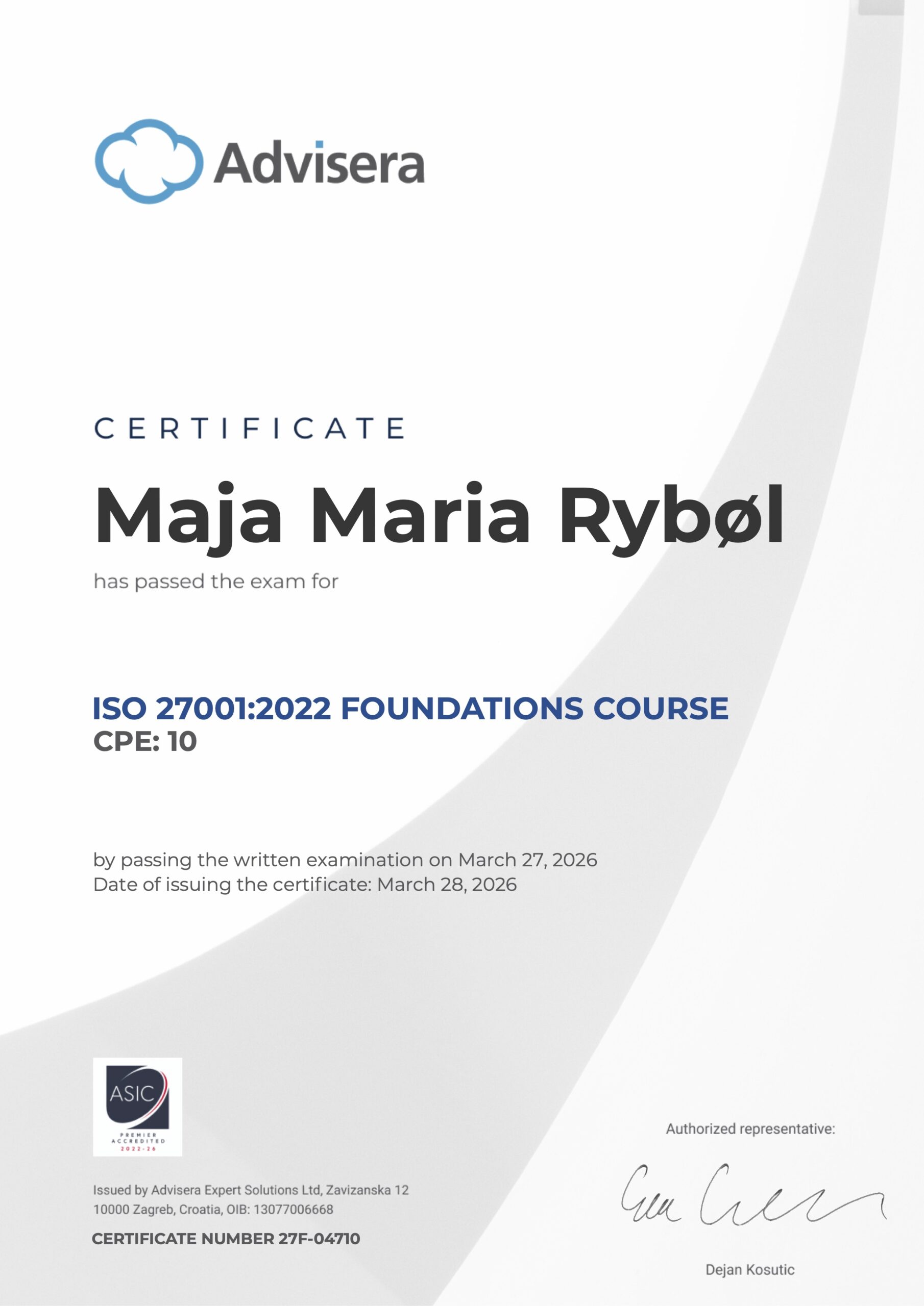 27F-04710 Certificate ISO 27001 Foundations Maja Maria Rybøl