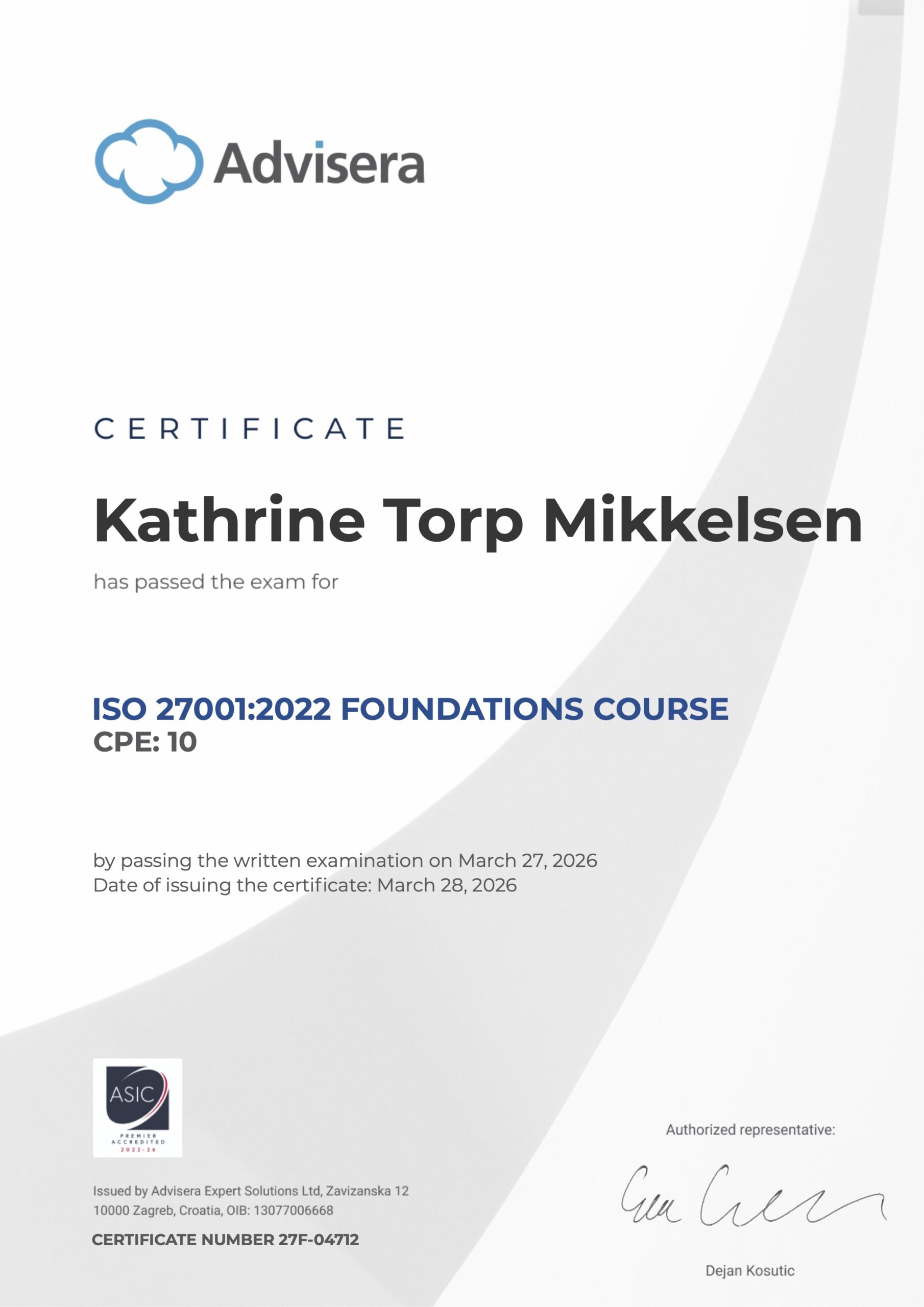 27F-04712 Certificate ISO 27001 Foundations Kathrine Torp Mikkelsen