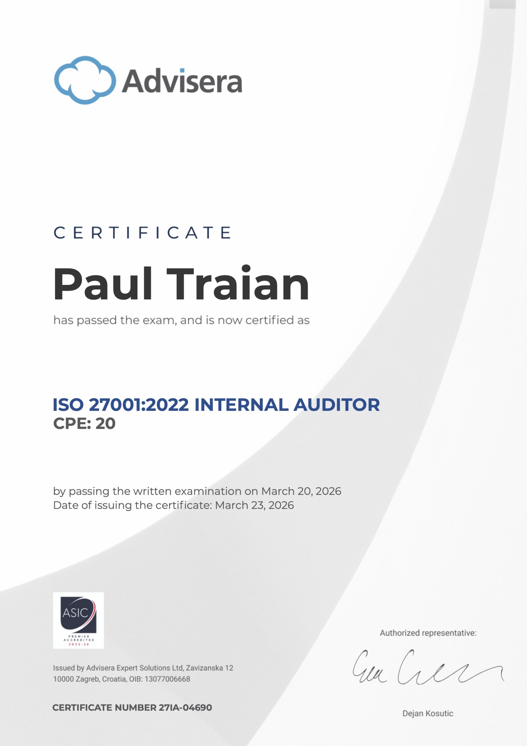 27IA-04690 Certificate ISO 27001 Internal Auditor Paul Traian