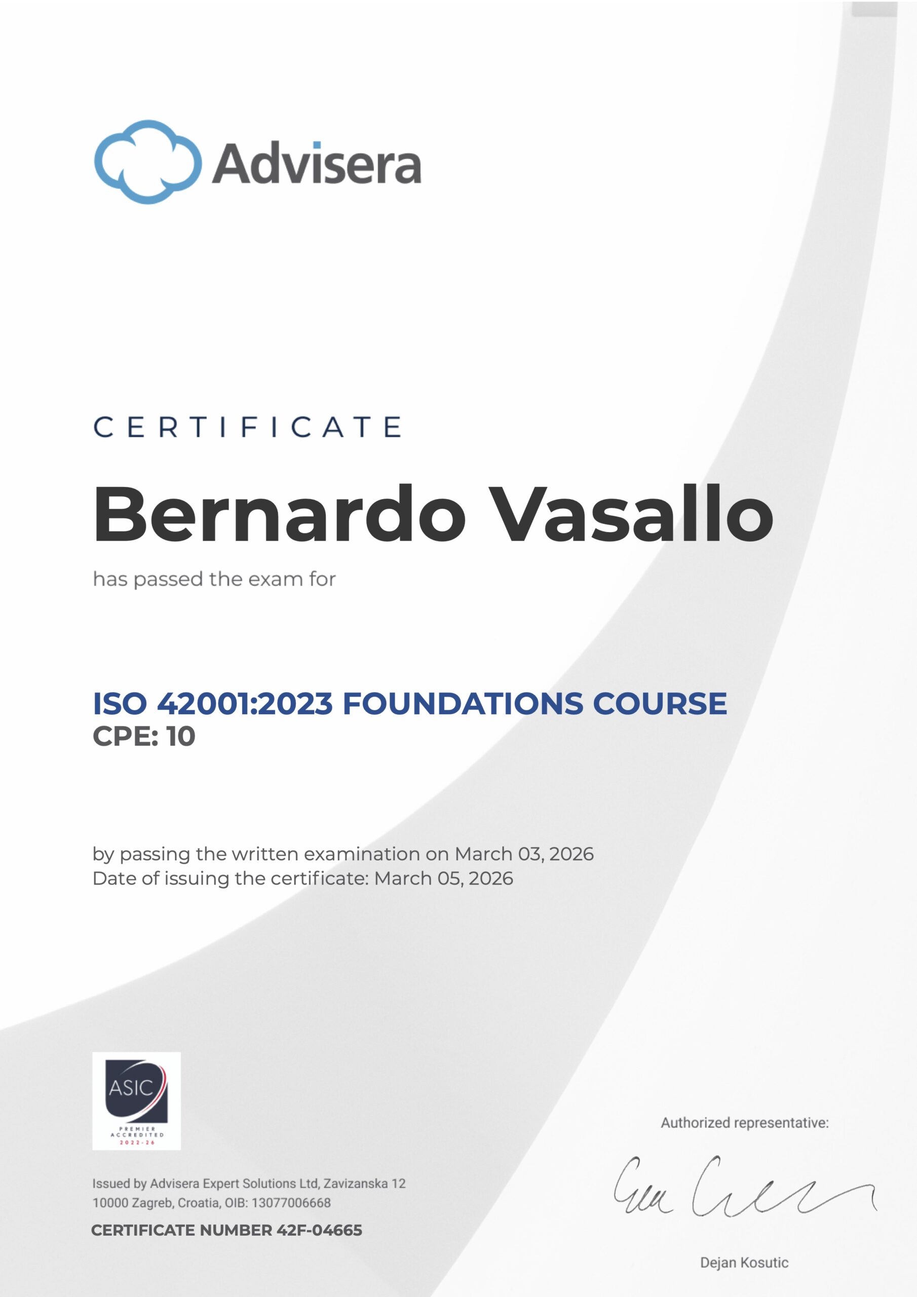 42F-04665 Certificate ISO 42001 Foundations Bernardo Vasallo