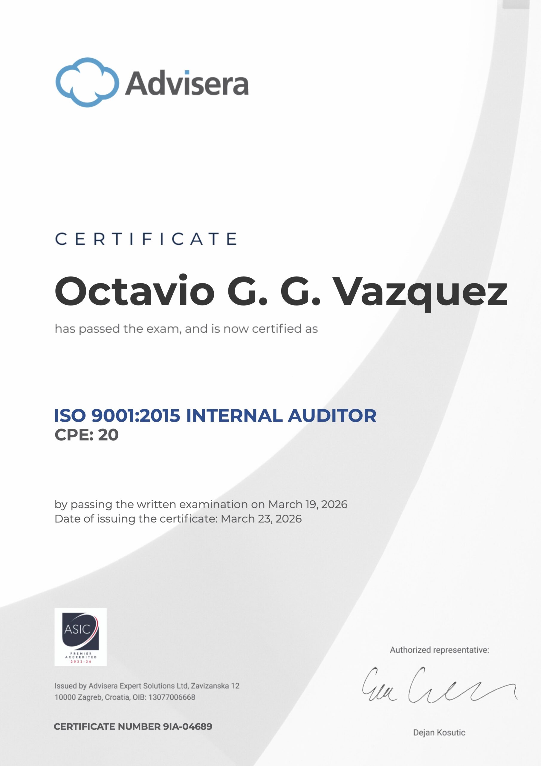 9IA-04689 Certificate ISO 9001 Internal Auditor Octavio G. G. Vazquez