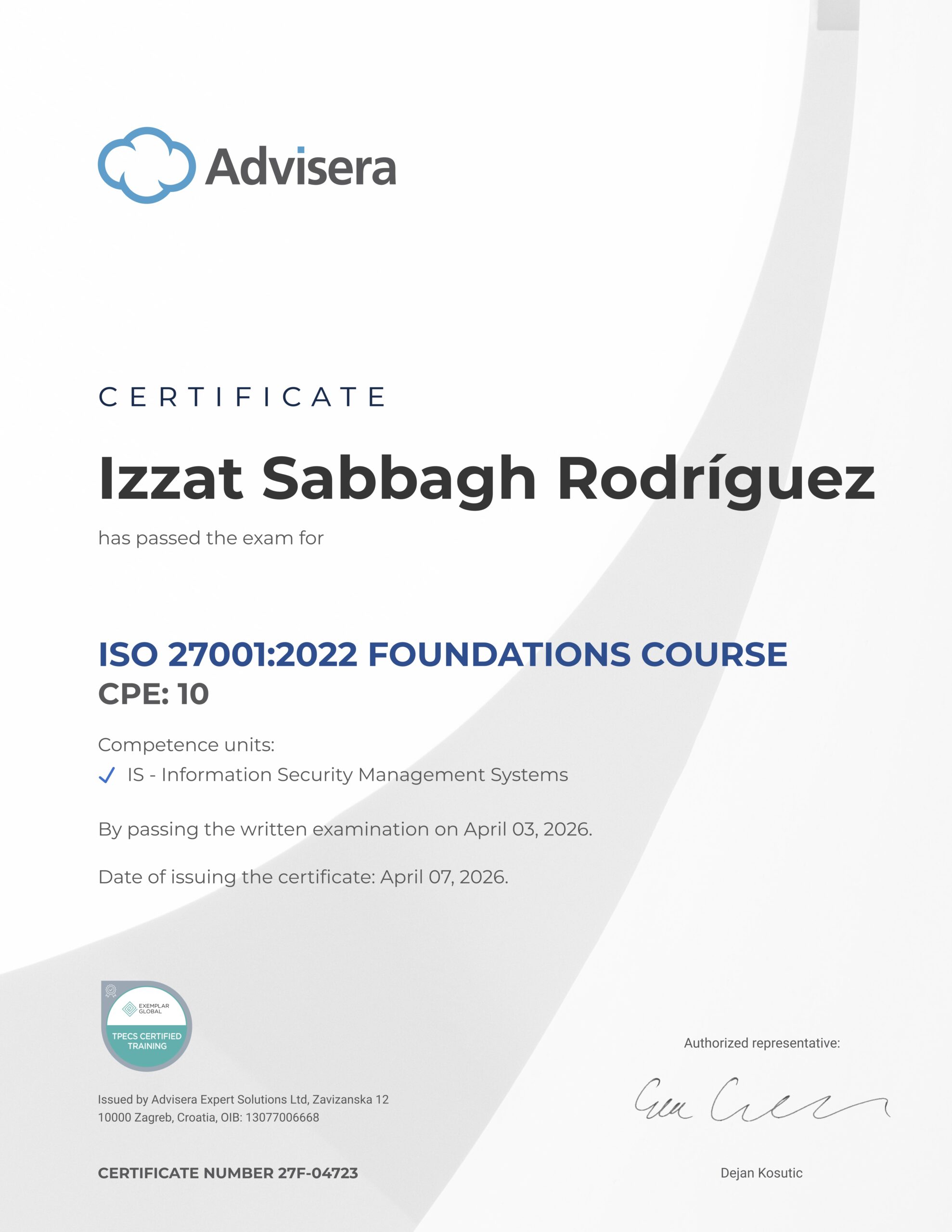 27F-04723 Certificate ISO 27001 Foundations Izzat Sabbagh Rodríguez