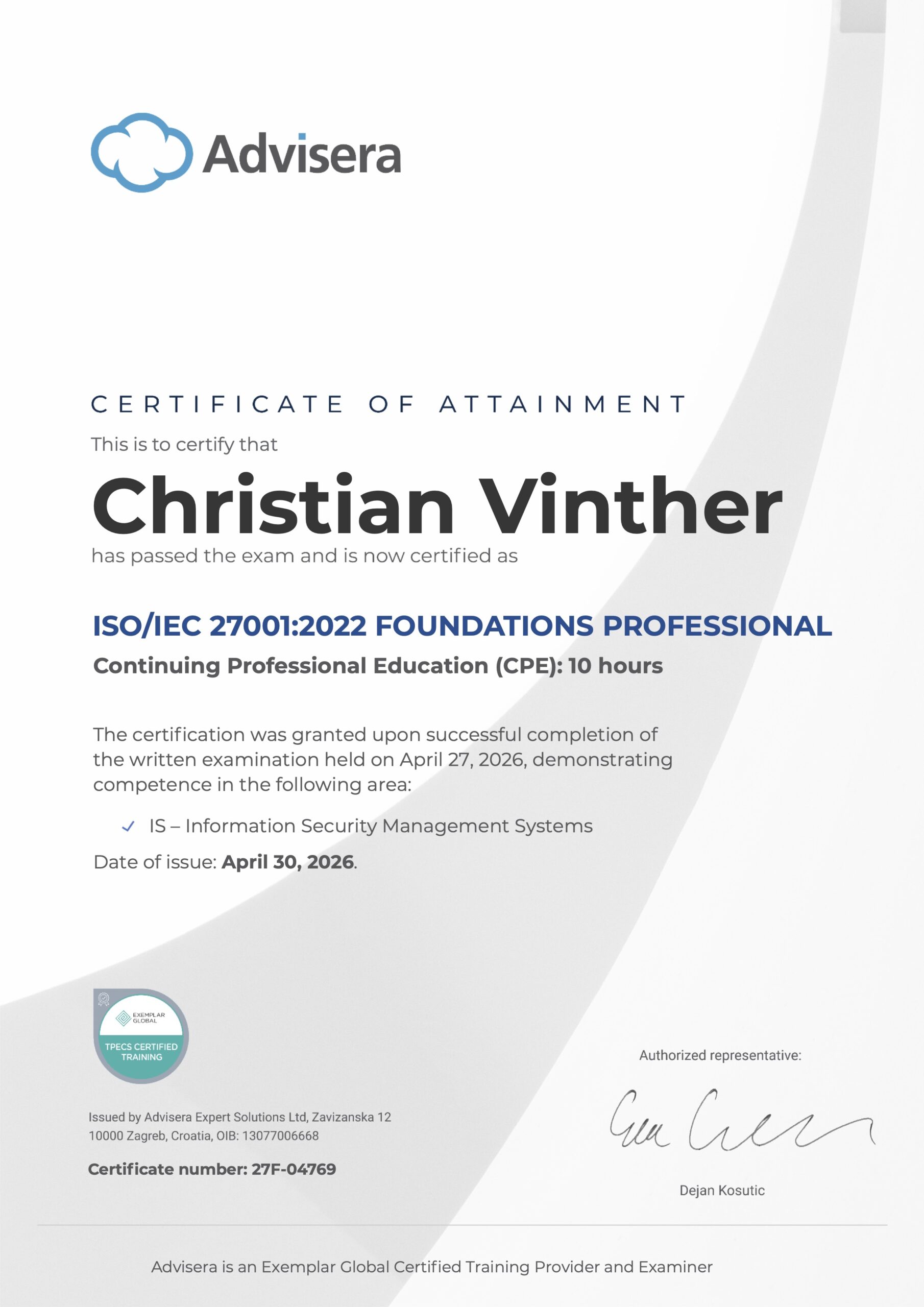 27F-04769 Certificate ISO 27001 Foundations Christian Vinther