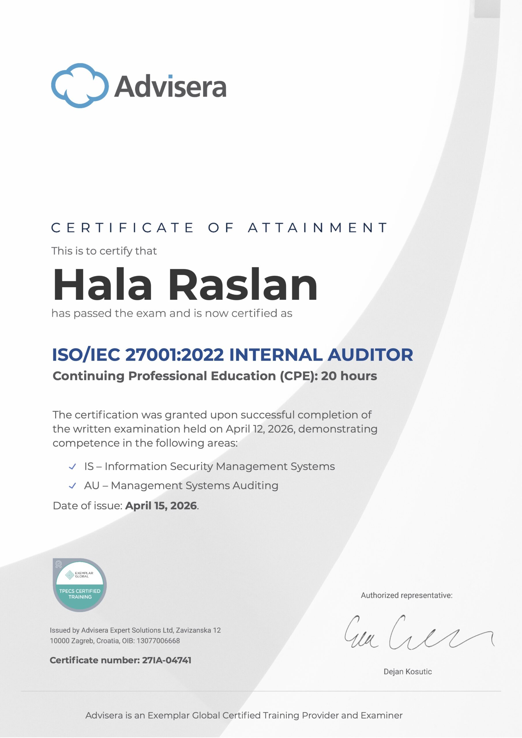 27IA-04741 Certificate ISO 27001 Internal Auditor Hala Raslan
