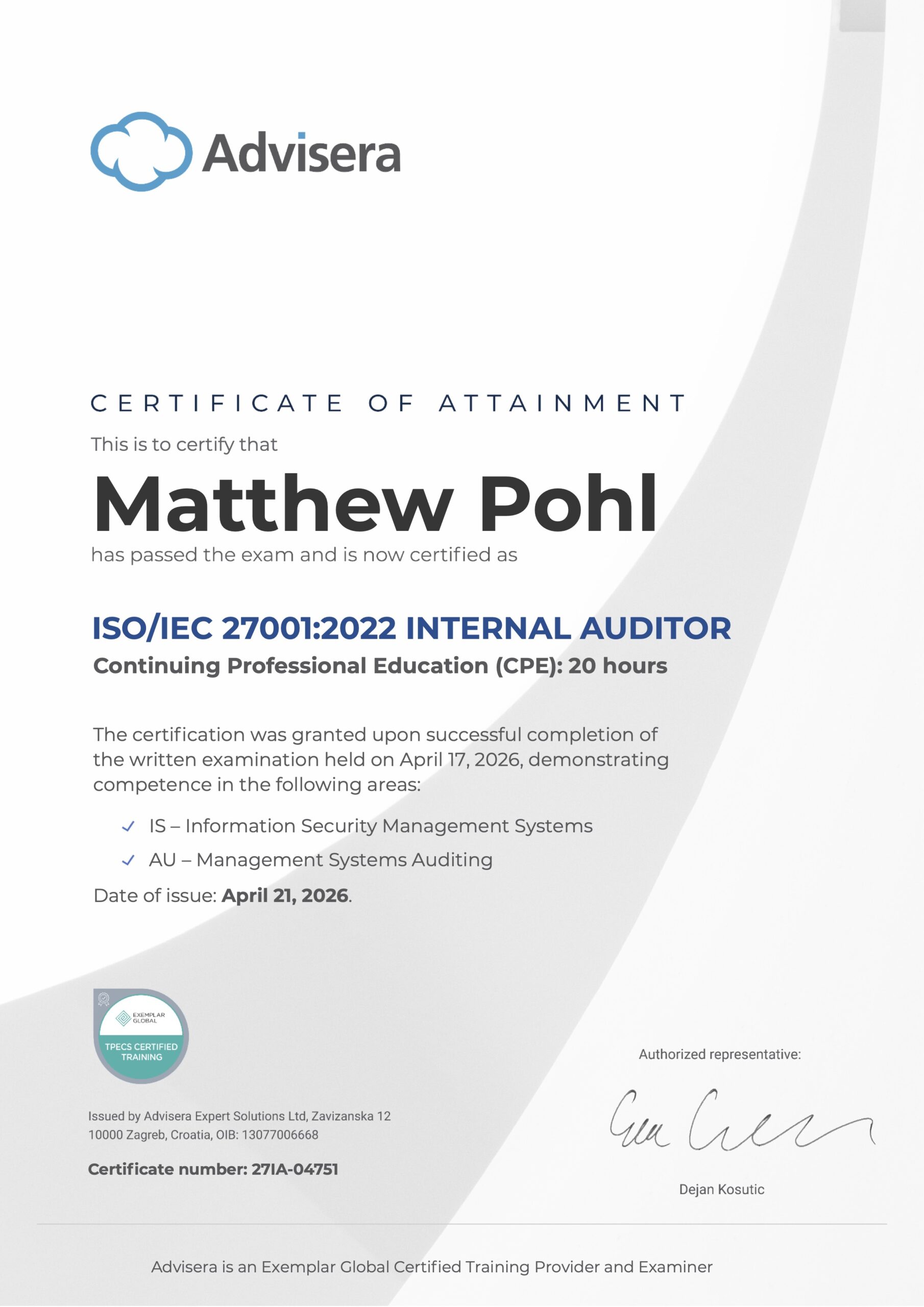 27IA-04751 Certificate ISO 27001 Internal Auditor Matthew Pohl