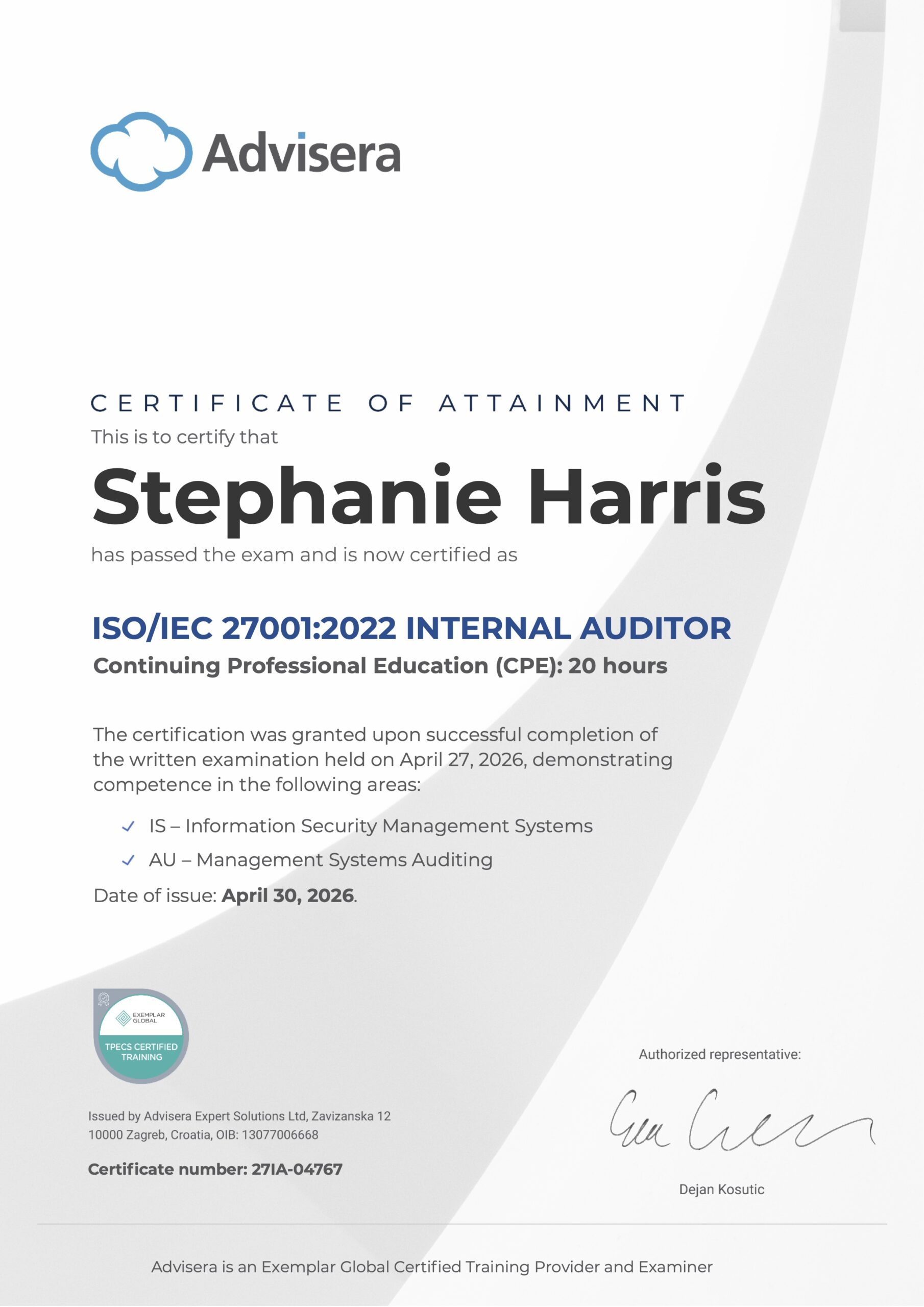 27IA-04767 Certificate ISO 27001 Internal Auditor Stephanie Harris