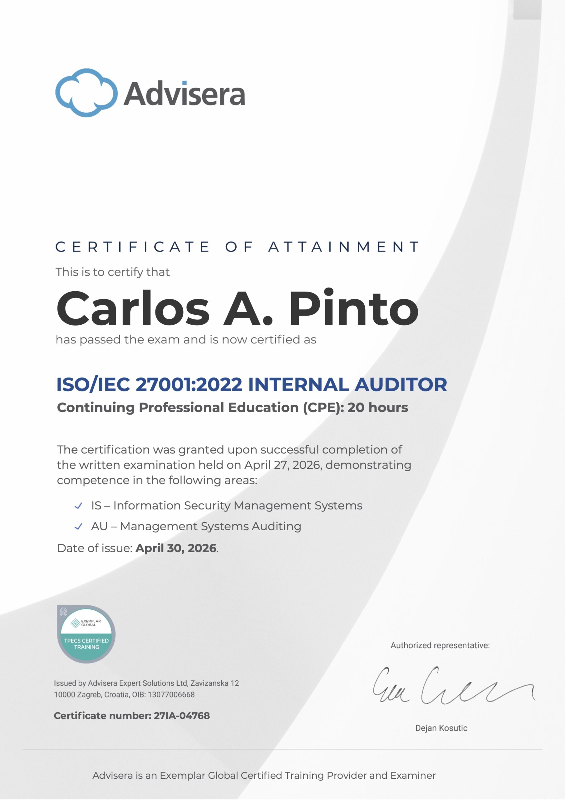 27IA-04768 Certificate ISO 27001 Internal Auditor Carlos A Pinto