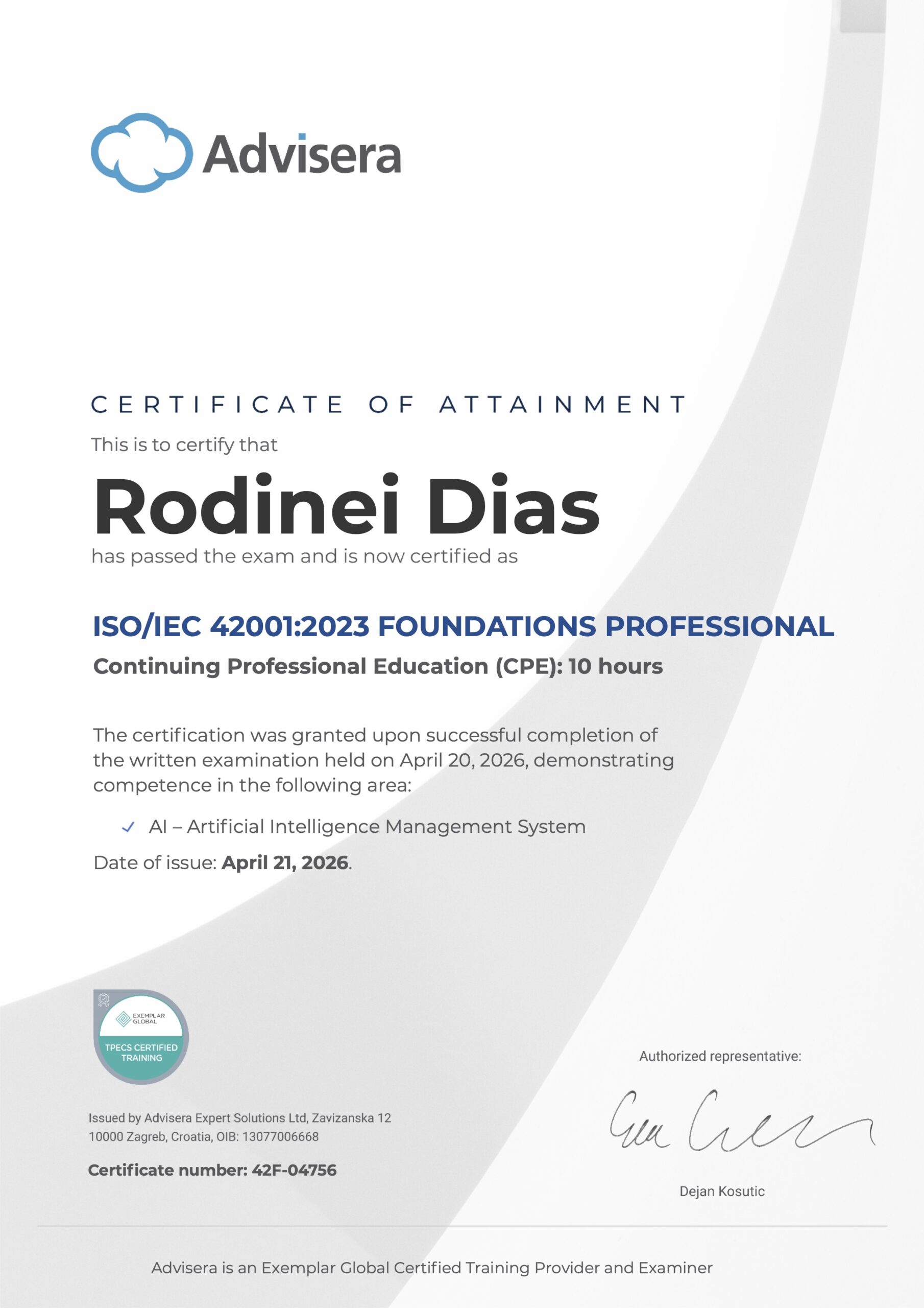 42F-04756 Certificate ISO 42001 Foundations Rodinei Dias