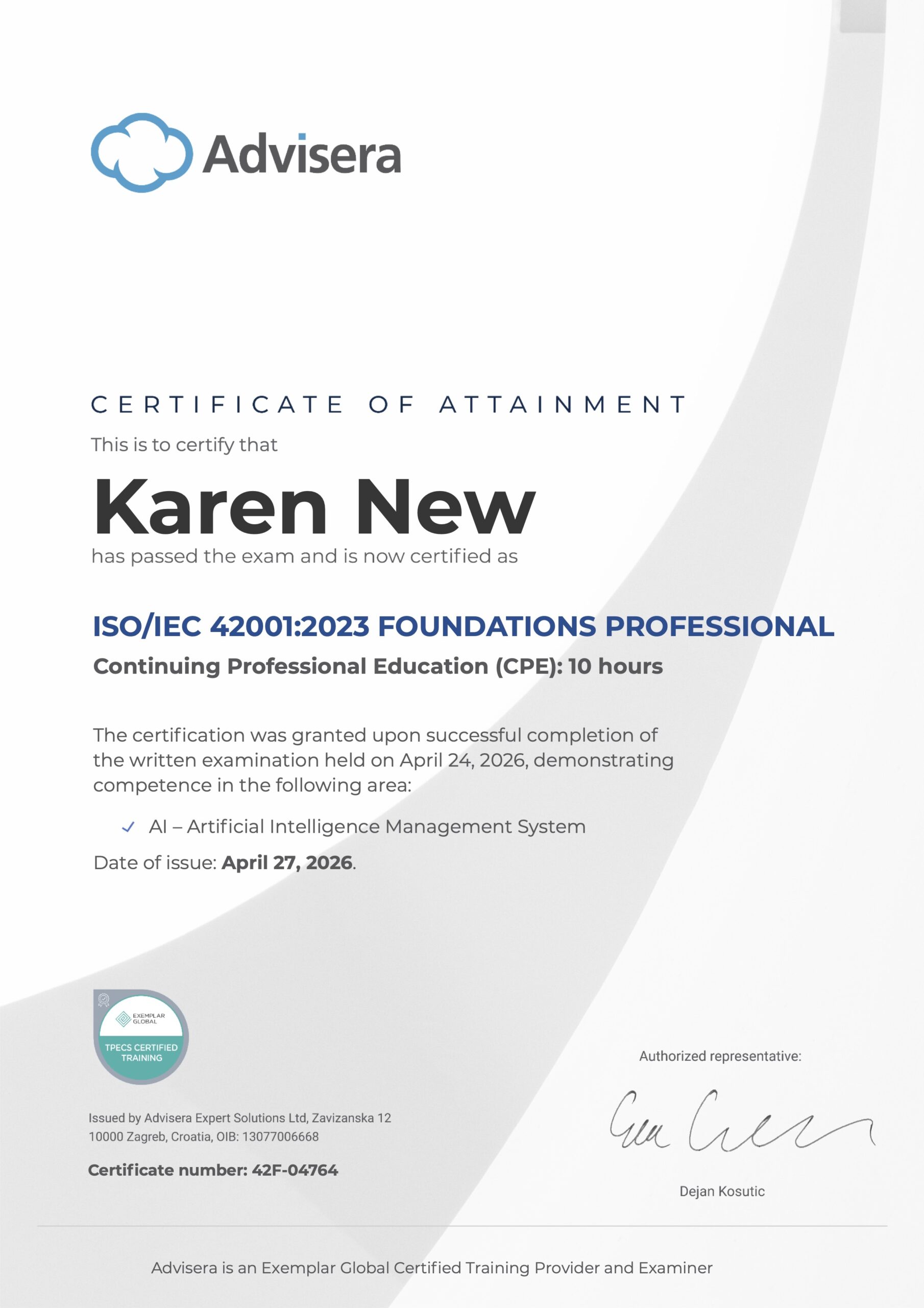 42F-04764 Certificate ISO 42001 Foundations Karen New