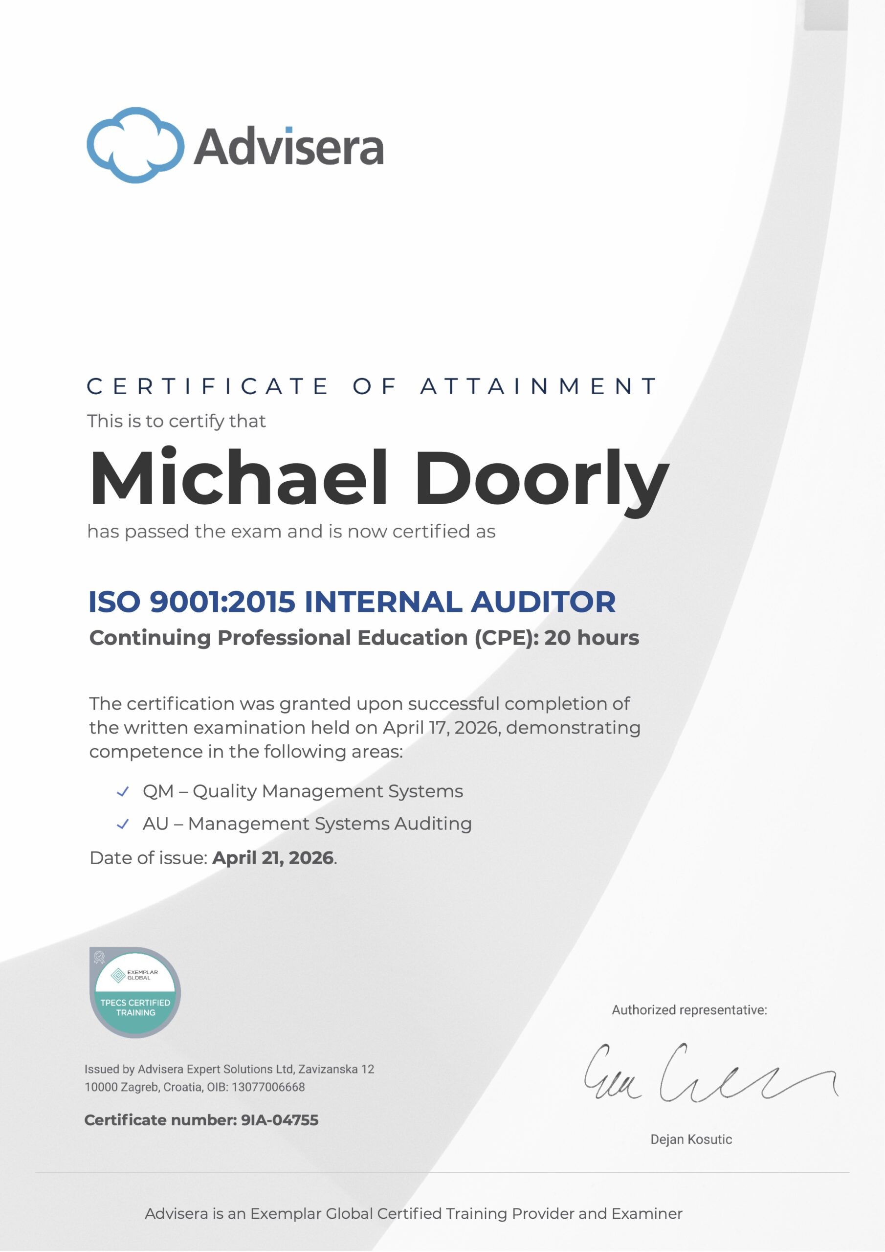 9IA-04755 Certificate ISO 9001 Internal Auditor Michael Doorly