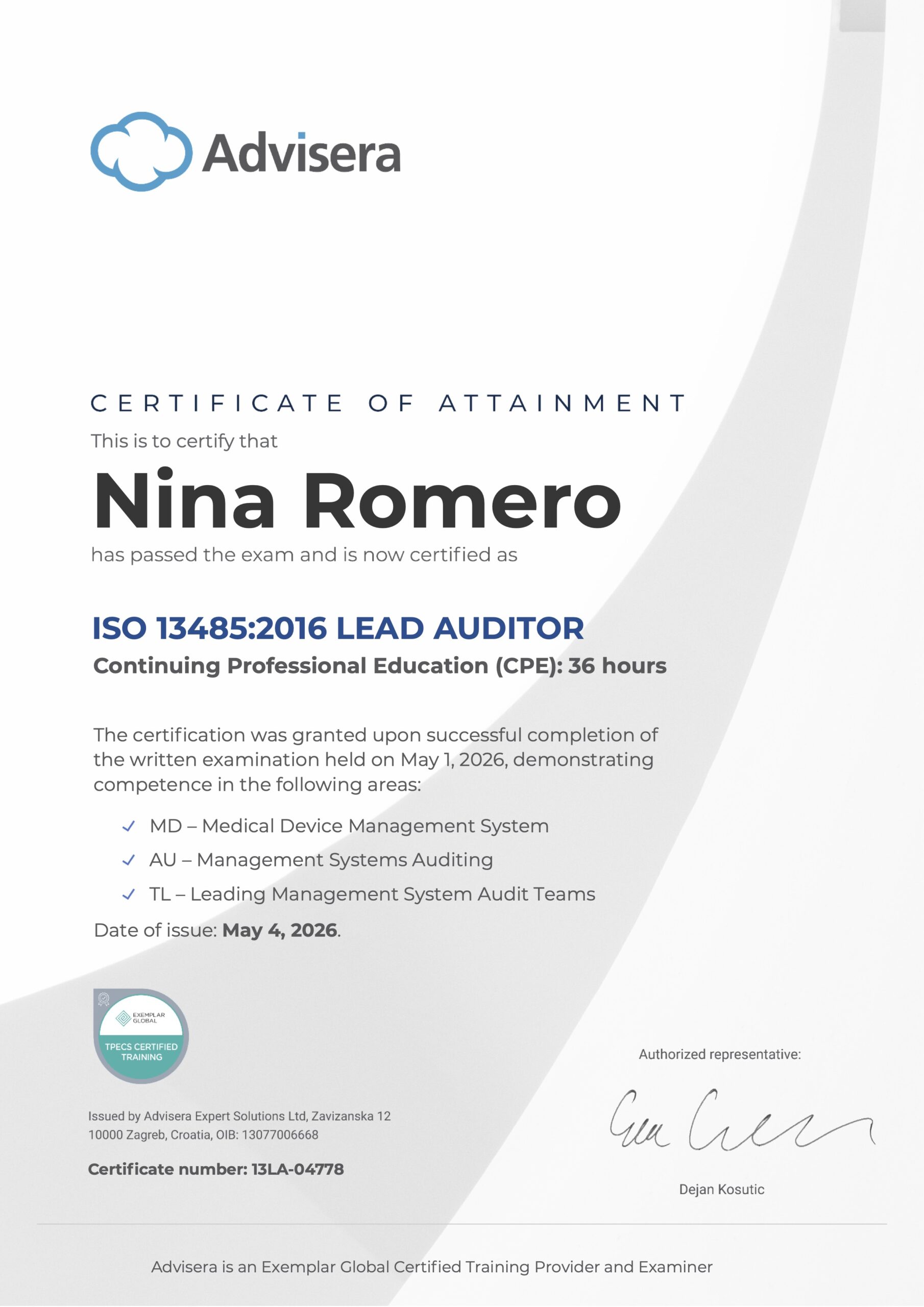 13LA-04778 Certificate ISO 13485 Lead Auditor Nina Romero