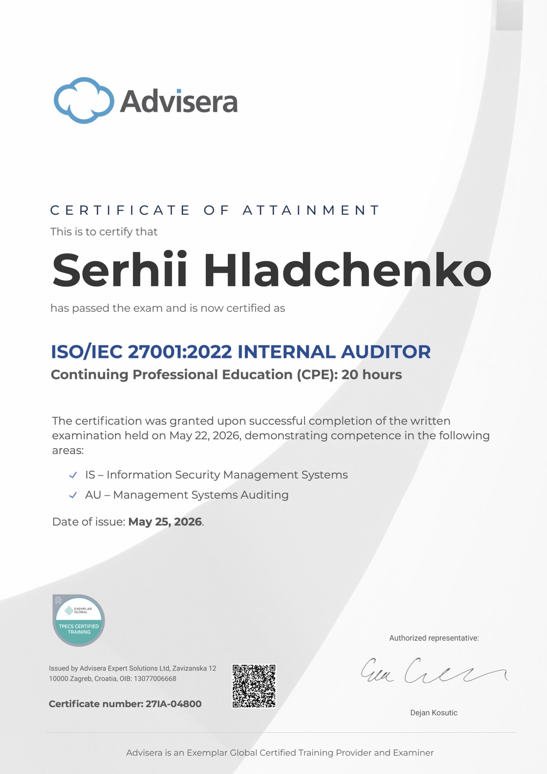 27IA-04800 Certificate ISO 27001 Internal Auditor Serhii Hladchenko