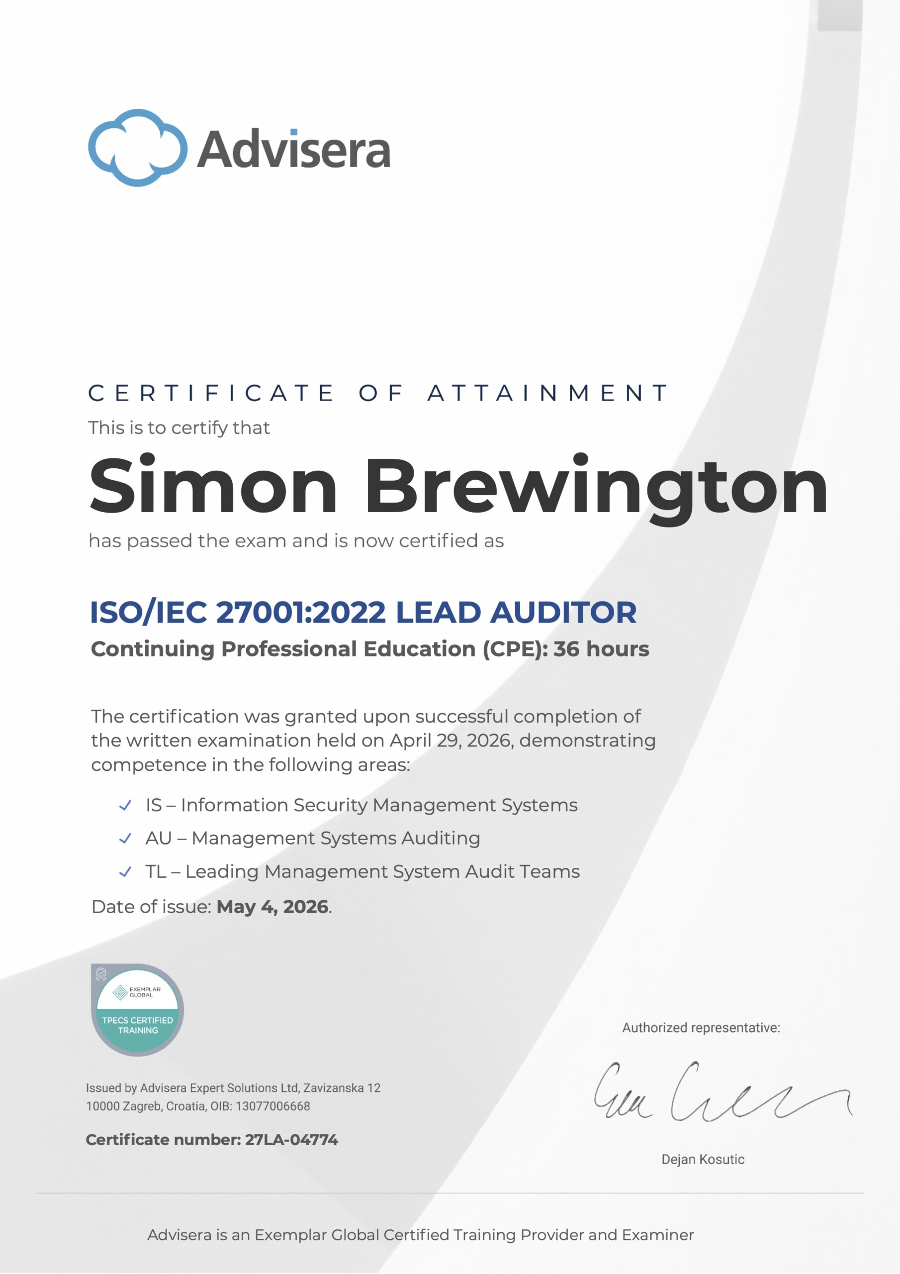 27LA-04774 Certificate ISO 27001 Lead Auditor Simon Brewington