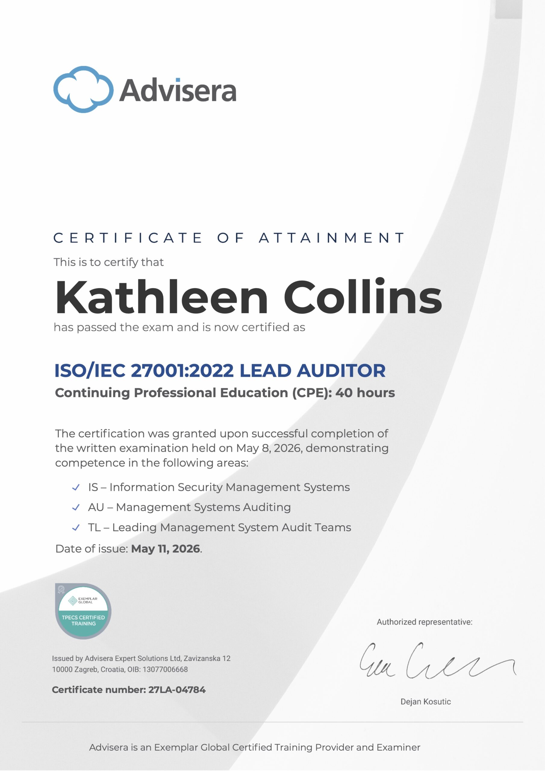 27LA-04784 Certificate ISO 27001 Lead Auditor Kathleen Collins