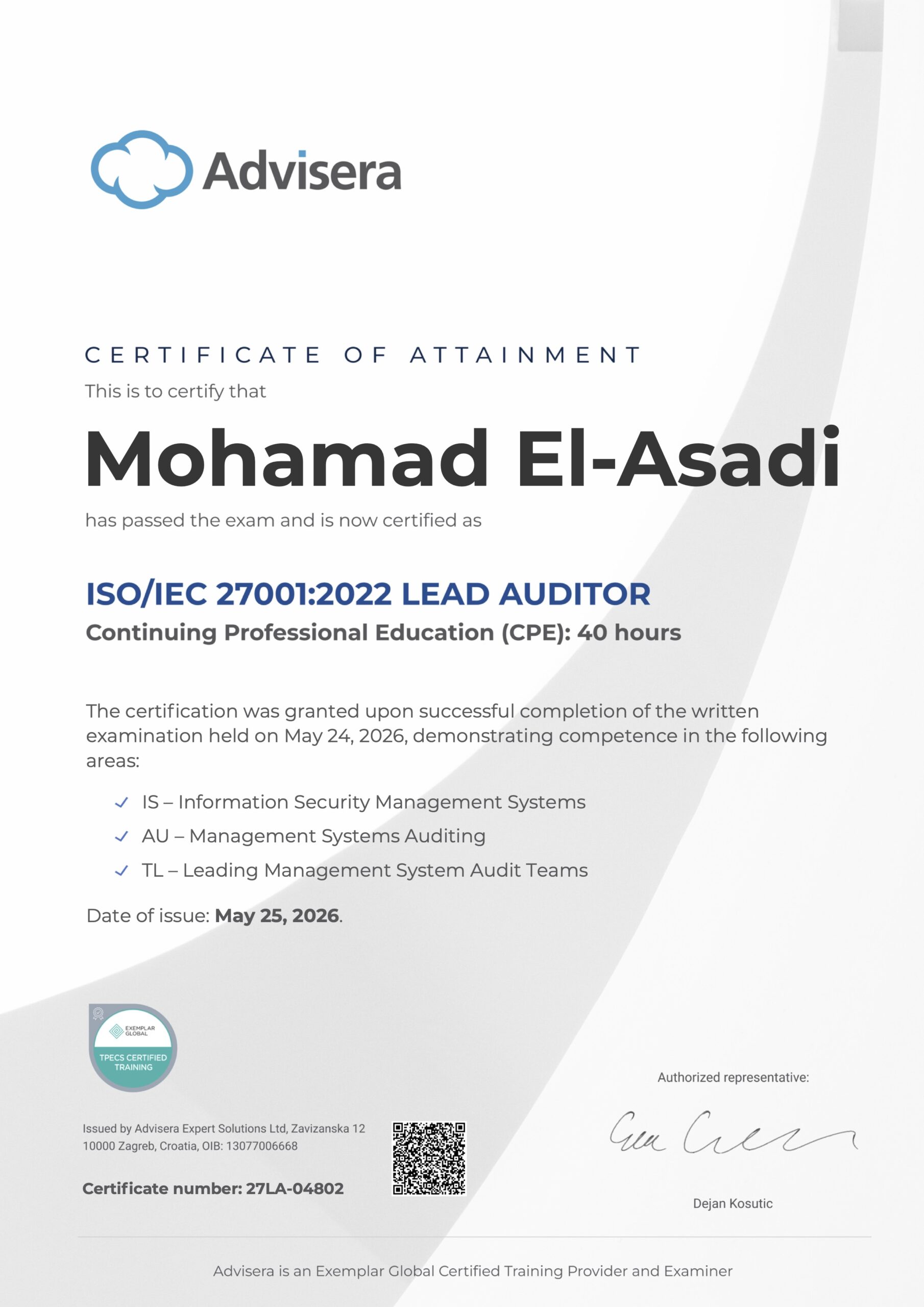 27LA-04802 Certificate ISO 27001 Lead Auditor Mohamad El-Asadi