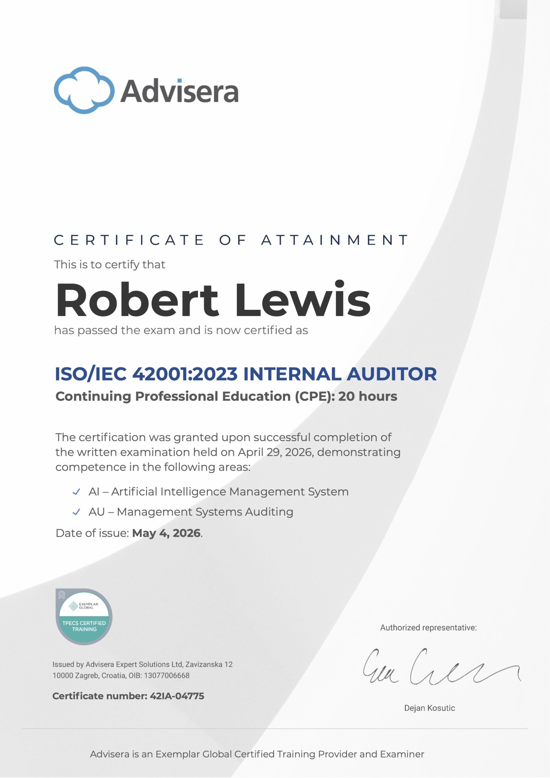 42IA-04775 Certificate ISO 42001 Internal Auditor Robert Lewis
