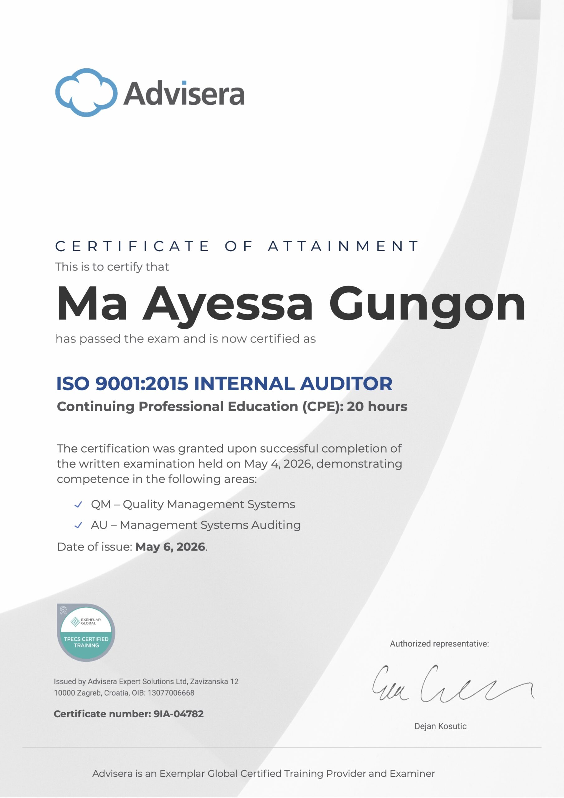 9IA-04782 Certificate ISO 9001 Internal Auditor Ma Ayessa Gungon