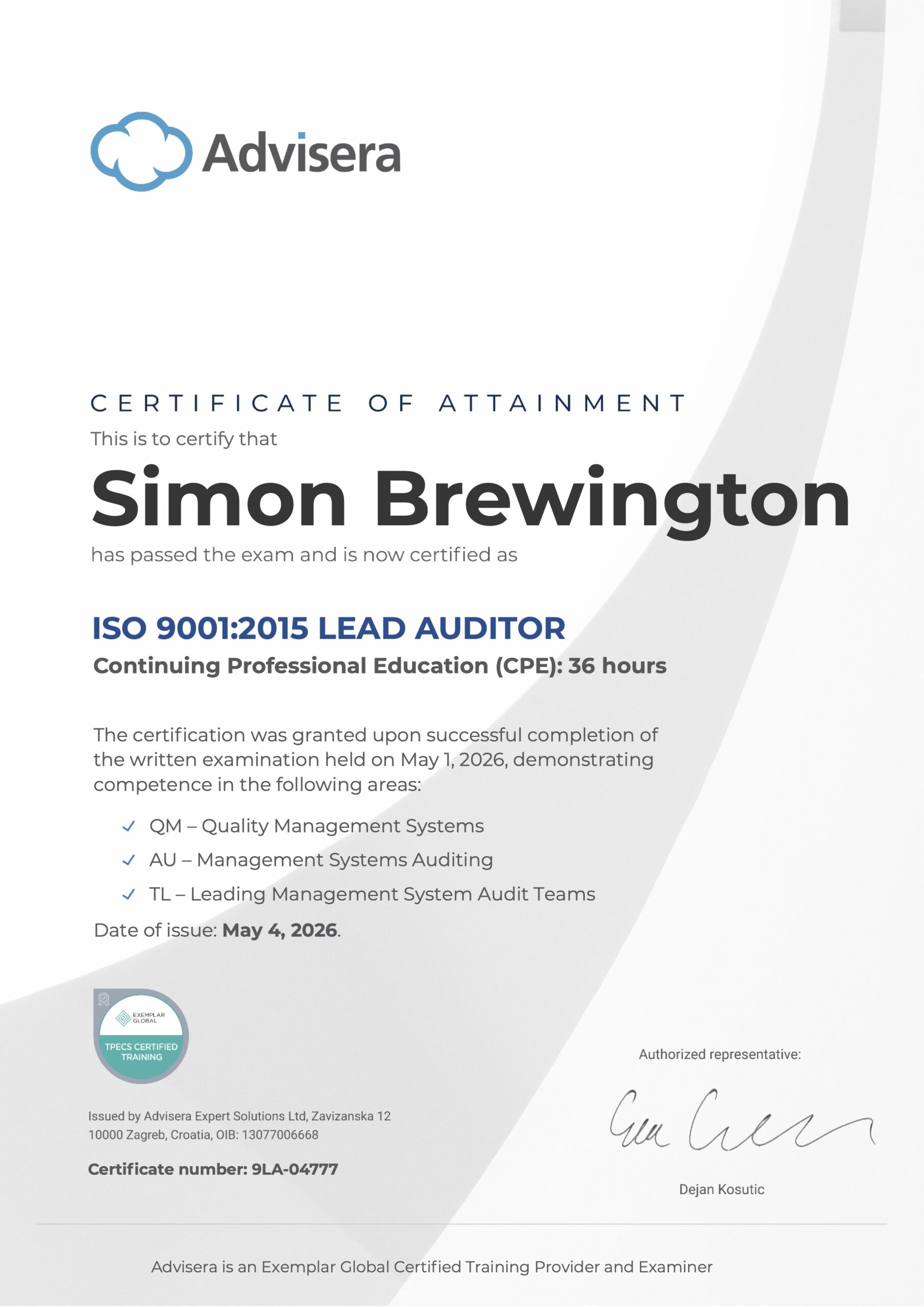 9LA-04777 Certificate ISO 9001 Lead Auditor Simon Brewington