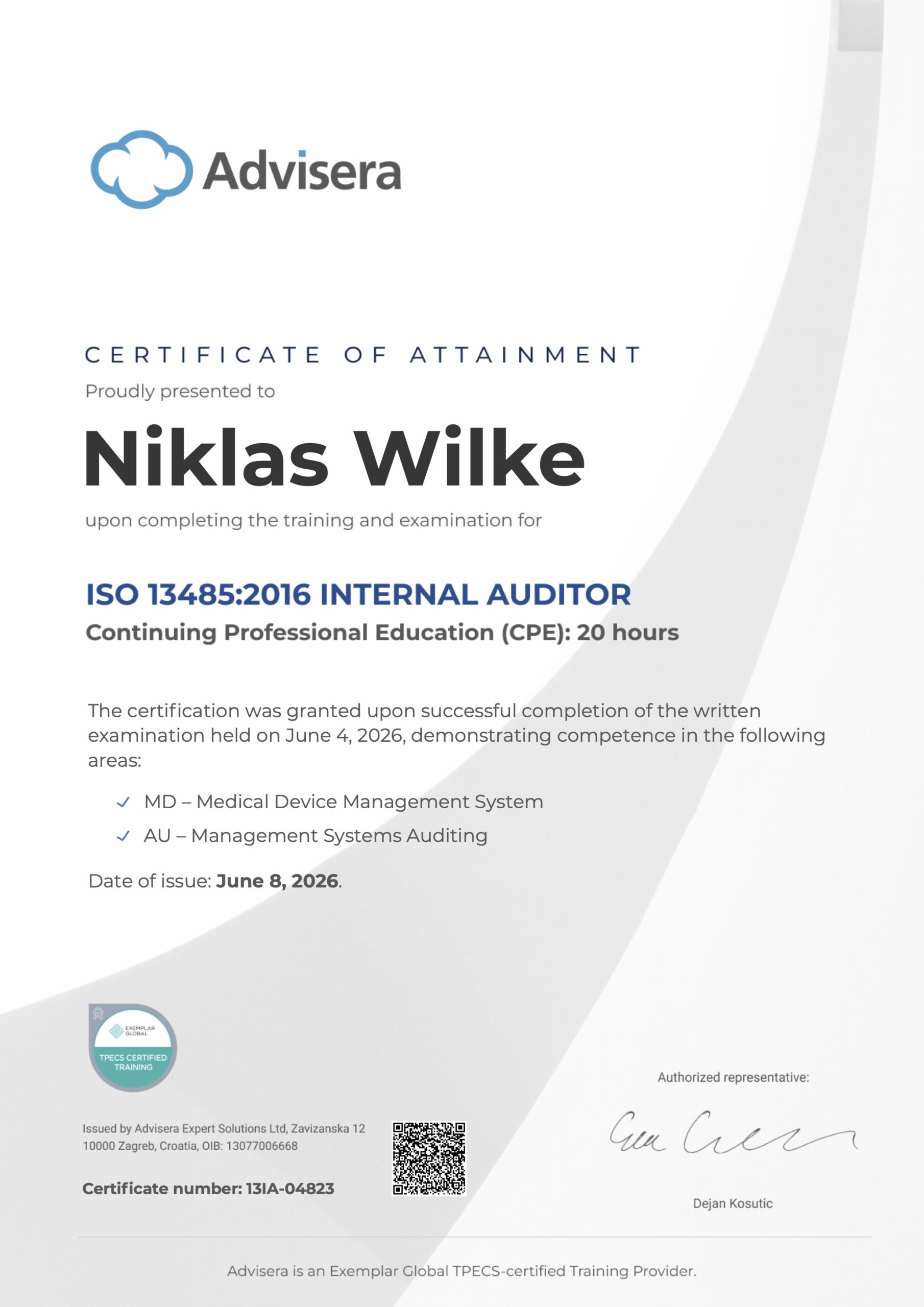 13IA-04823 Certificate ISO 13485 Internal Auditor Niklas Wilke