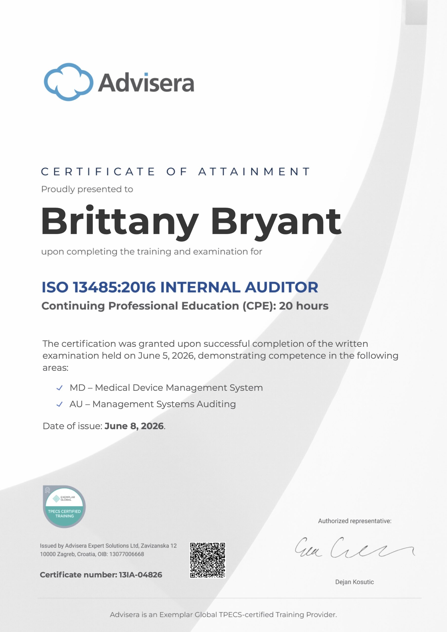 13IA-04826 Certificate ISO 13485 Internal Auditor Brittany Bryant