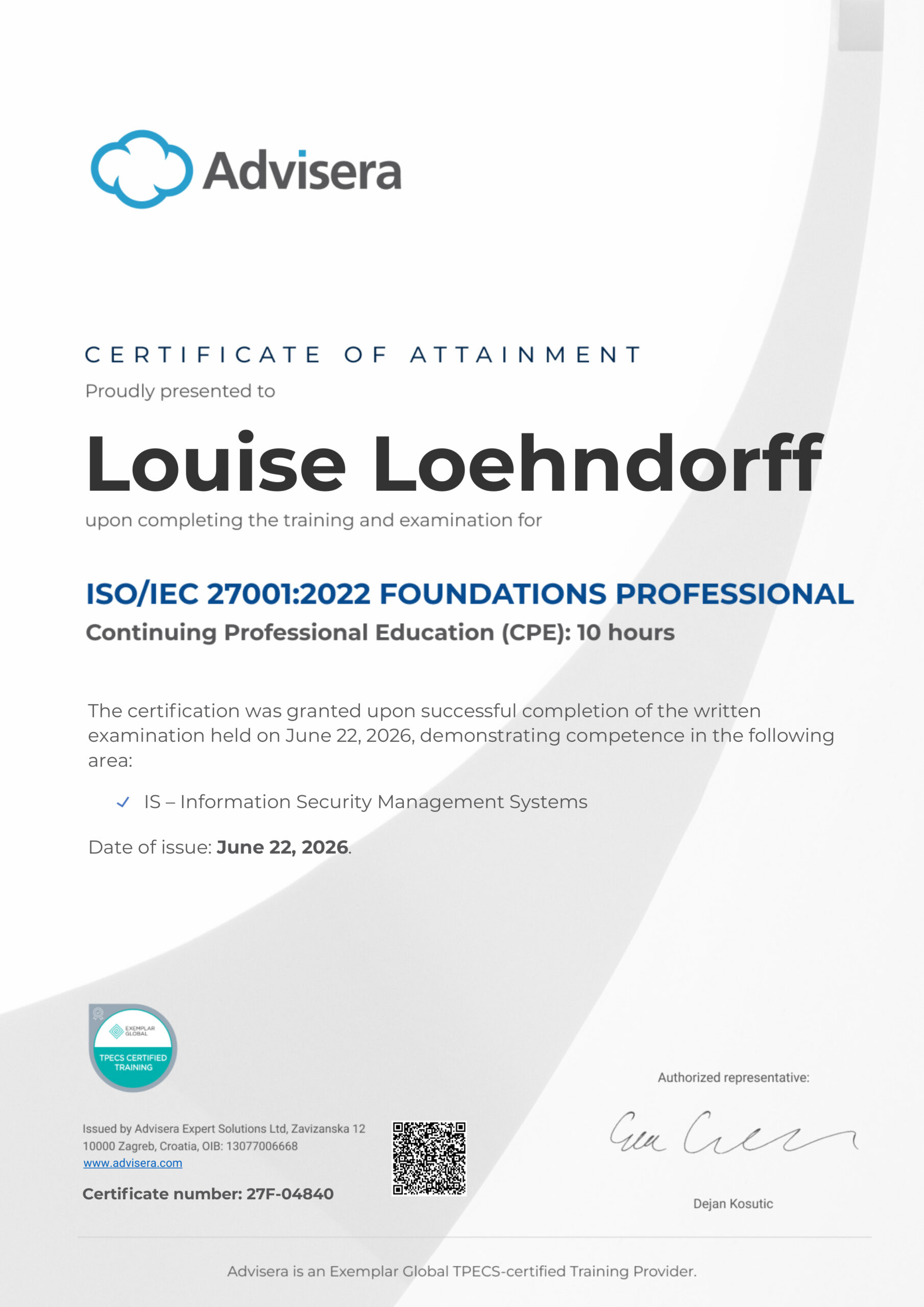 27F-04840 Certificate ISO 27001 Foundations Louise Loehndorff