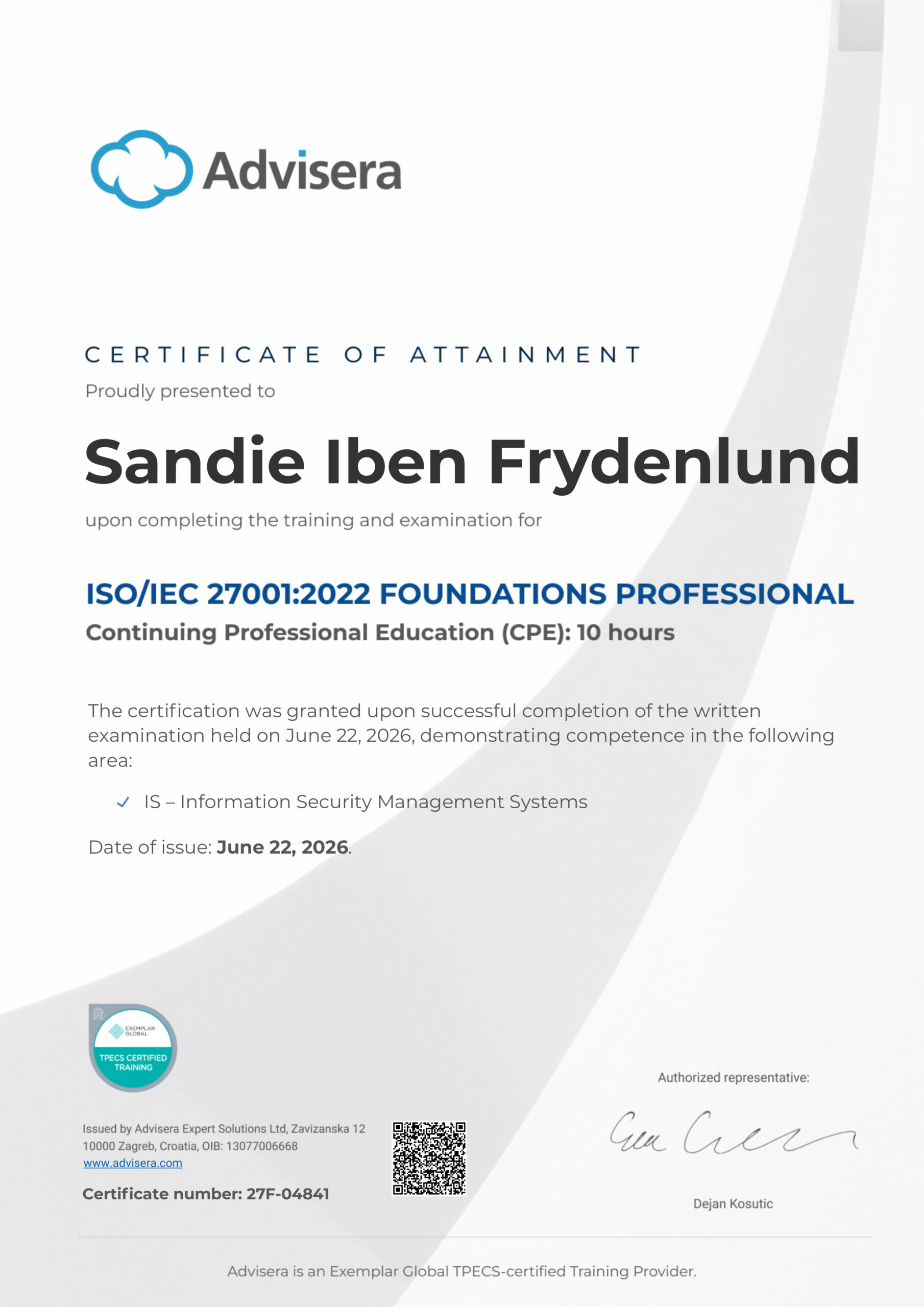 27F-04841 Certificate ISO 27001 Foundations Sandie Iben Frydenlund