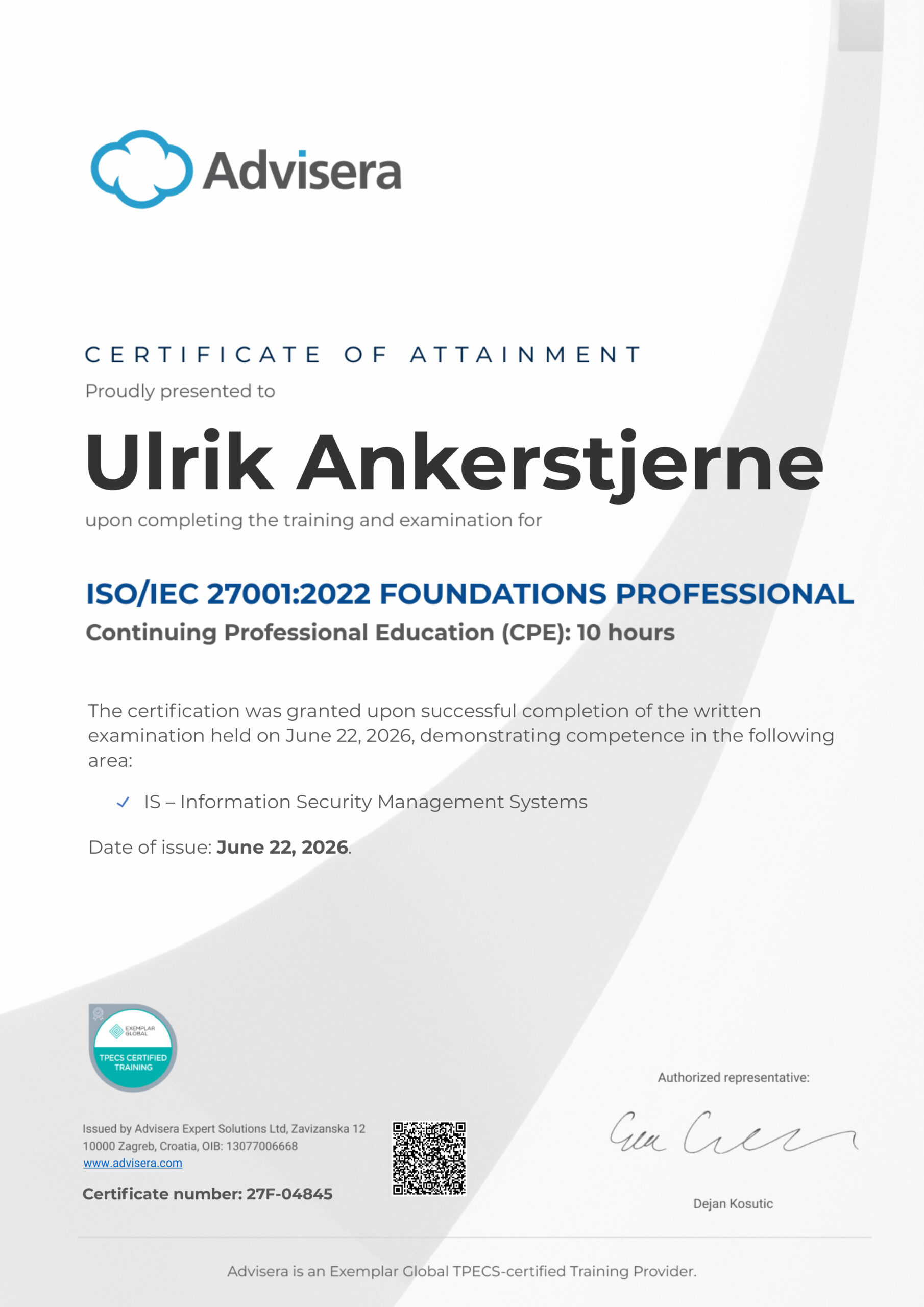 27F-04845 Certificate ISO 27001 Foundations Ulrik Ankerstjerne
