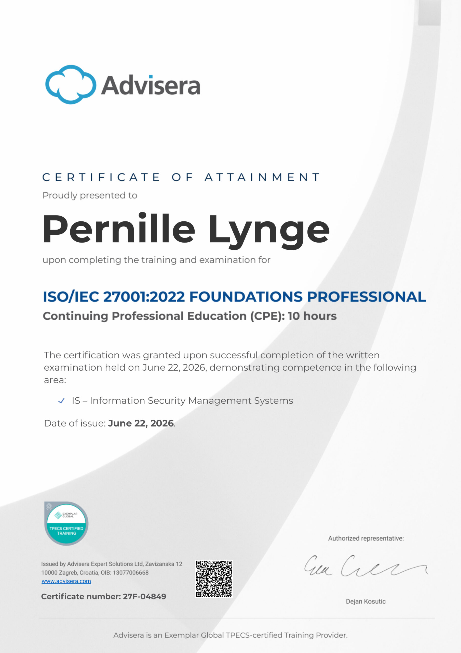 27F-04849 Certificate ISO 27001 Foundations Pernille Lynge
