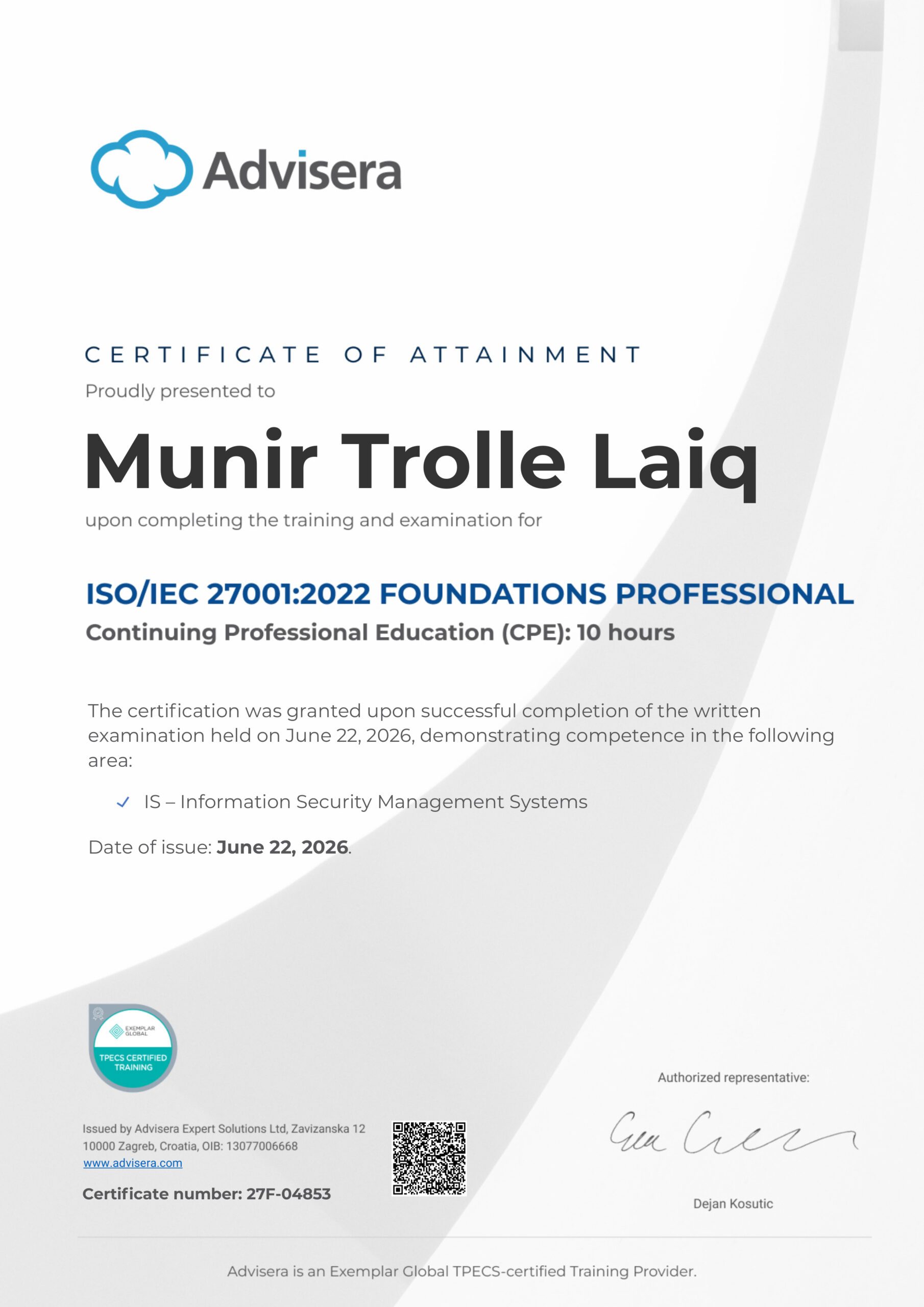 27F-04853 Certificate ISO 27001 Foundations Munir Trolle Laiq