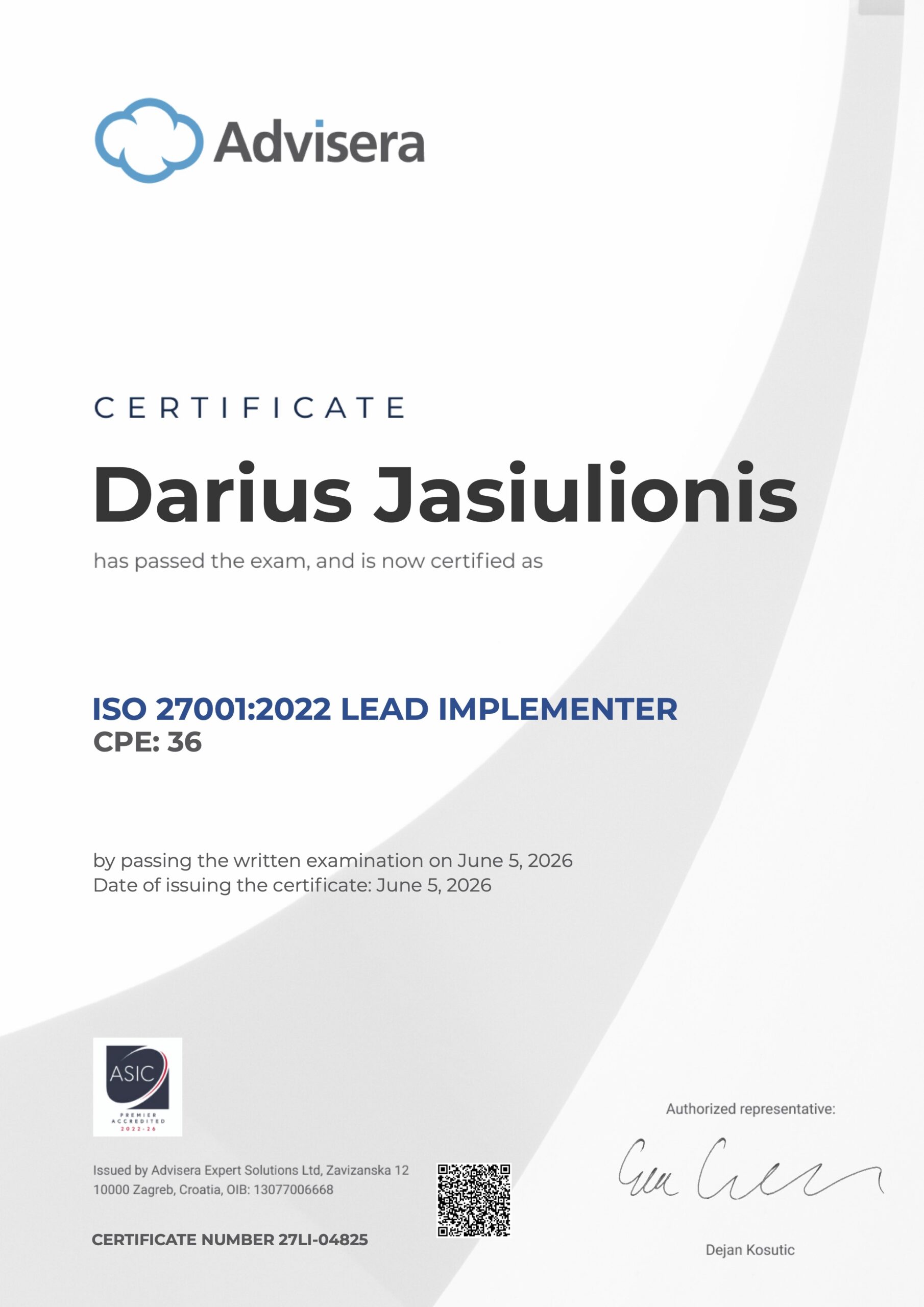27LI-04825 Certificate ISO 27001 Lead Implementer Darius Jasiulionis