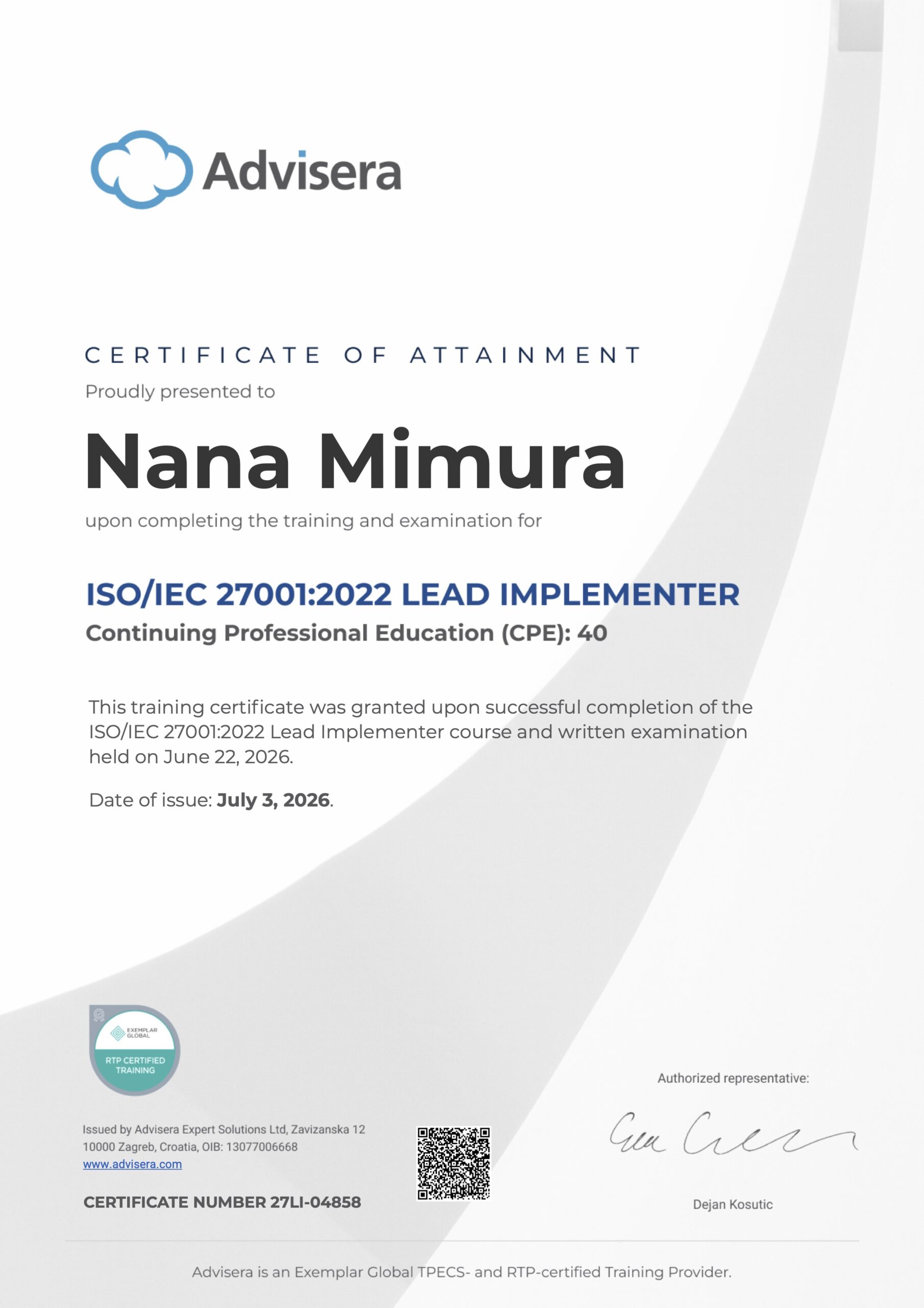 27LI-04858 Certificate ISO 27001 Lead Implementer Nana Mimura