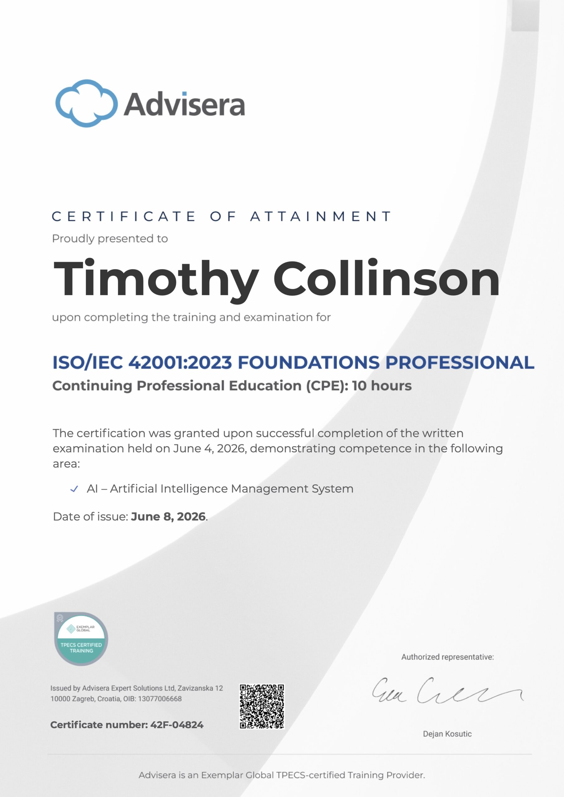 42F-04824 Certificate ISO 42001 Foundations Timothy Collinson