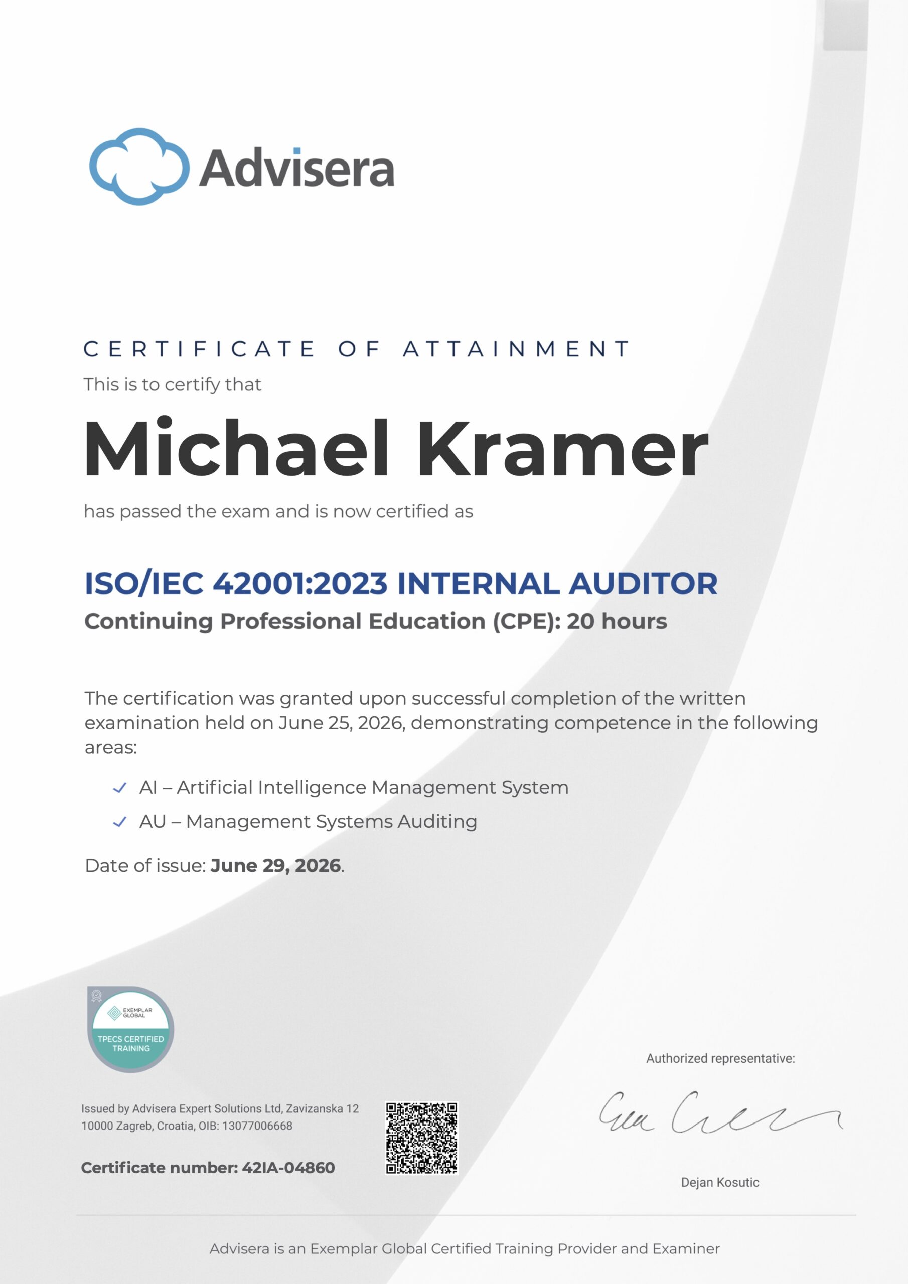 42IA-04860 Certificate ISO 42001 Internal Auditor Michael Kramer