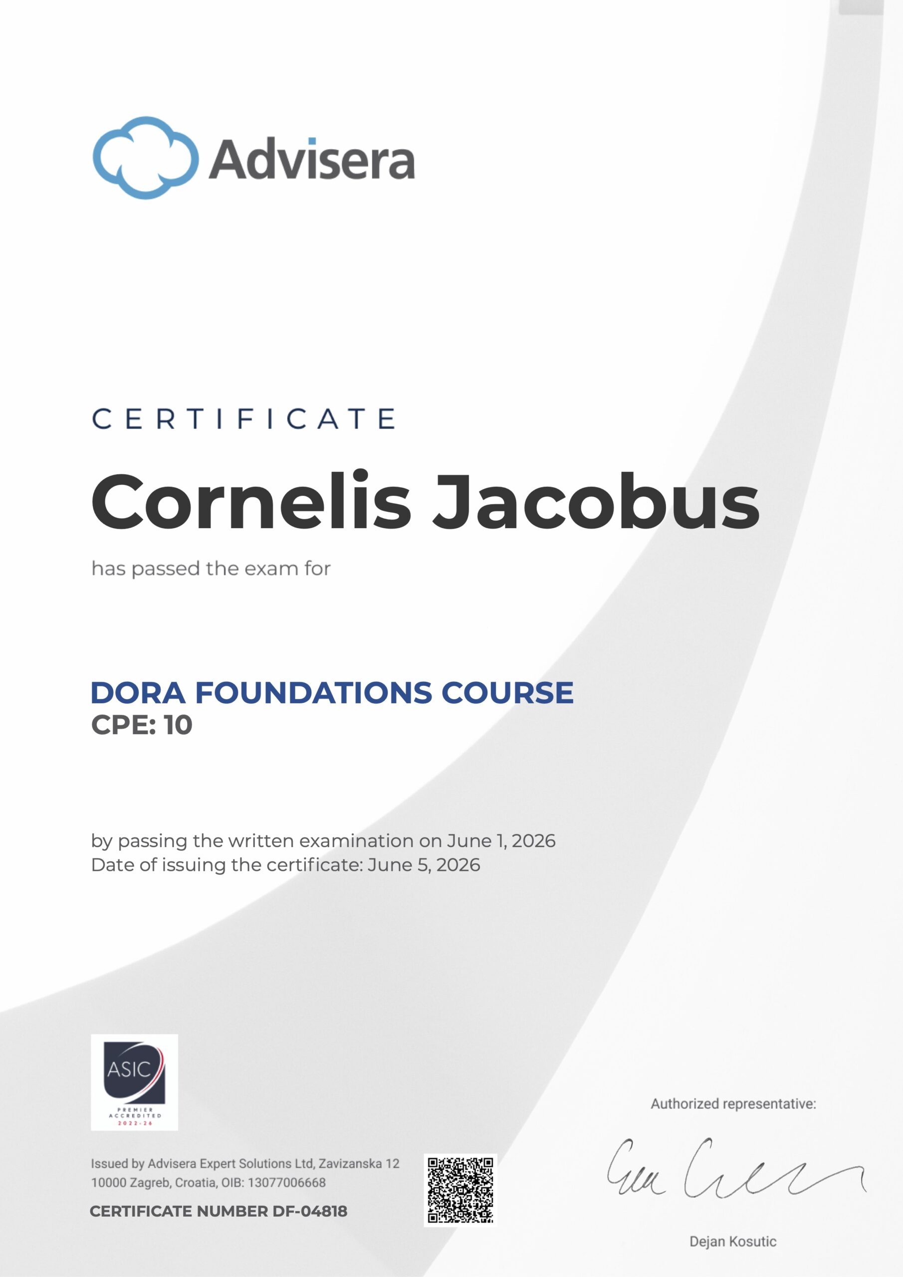 DF-04818 Certificate DORA Foundations Cornelis Jacobus