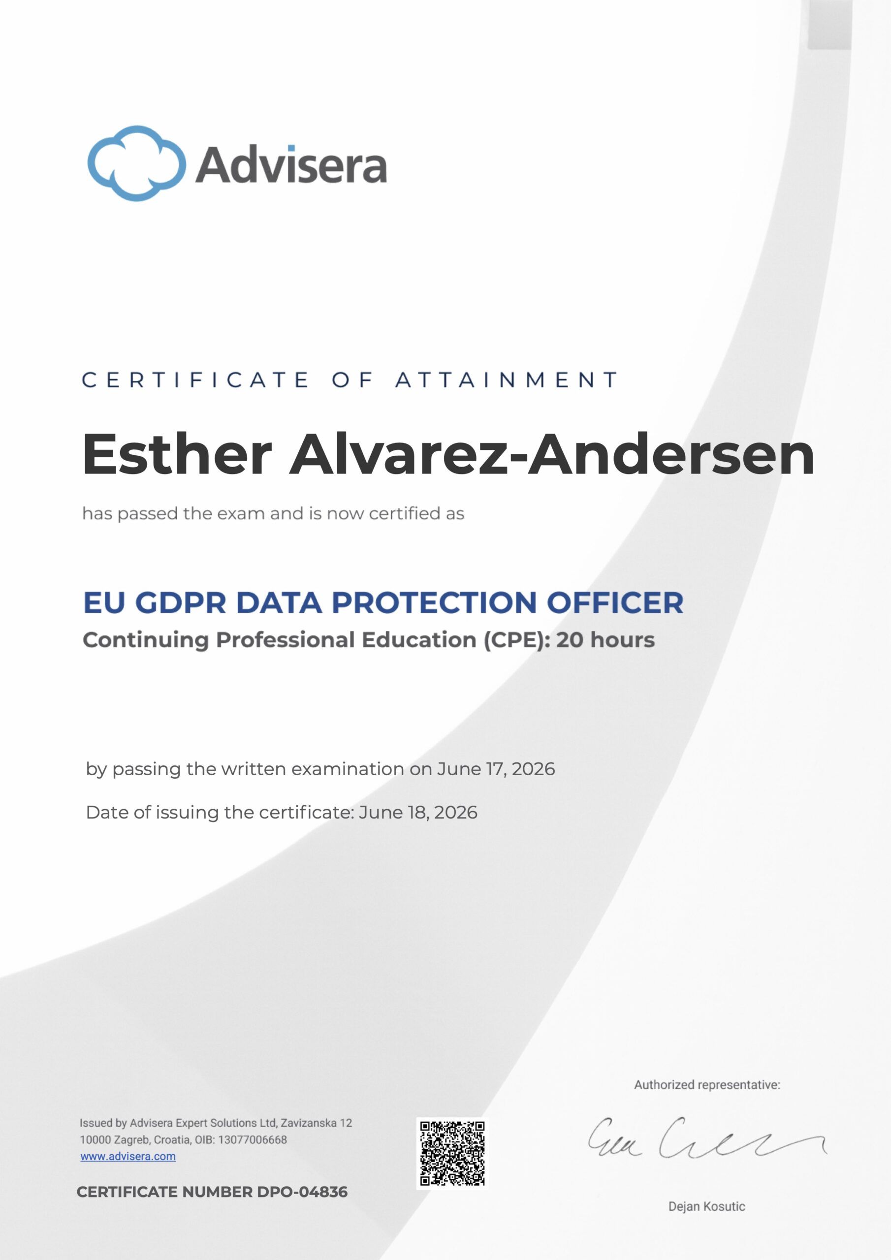 DPO-04836 Certificate EU GDPR DPO Esther Alvarez-Andersen