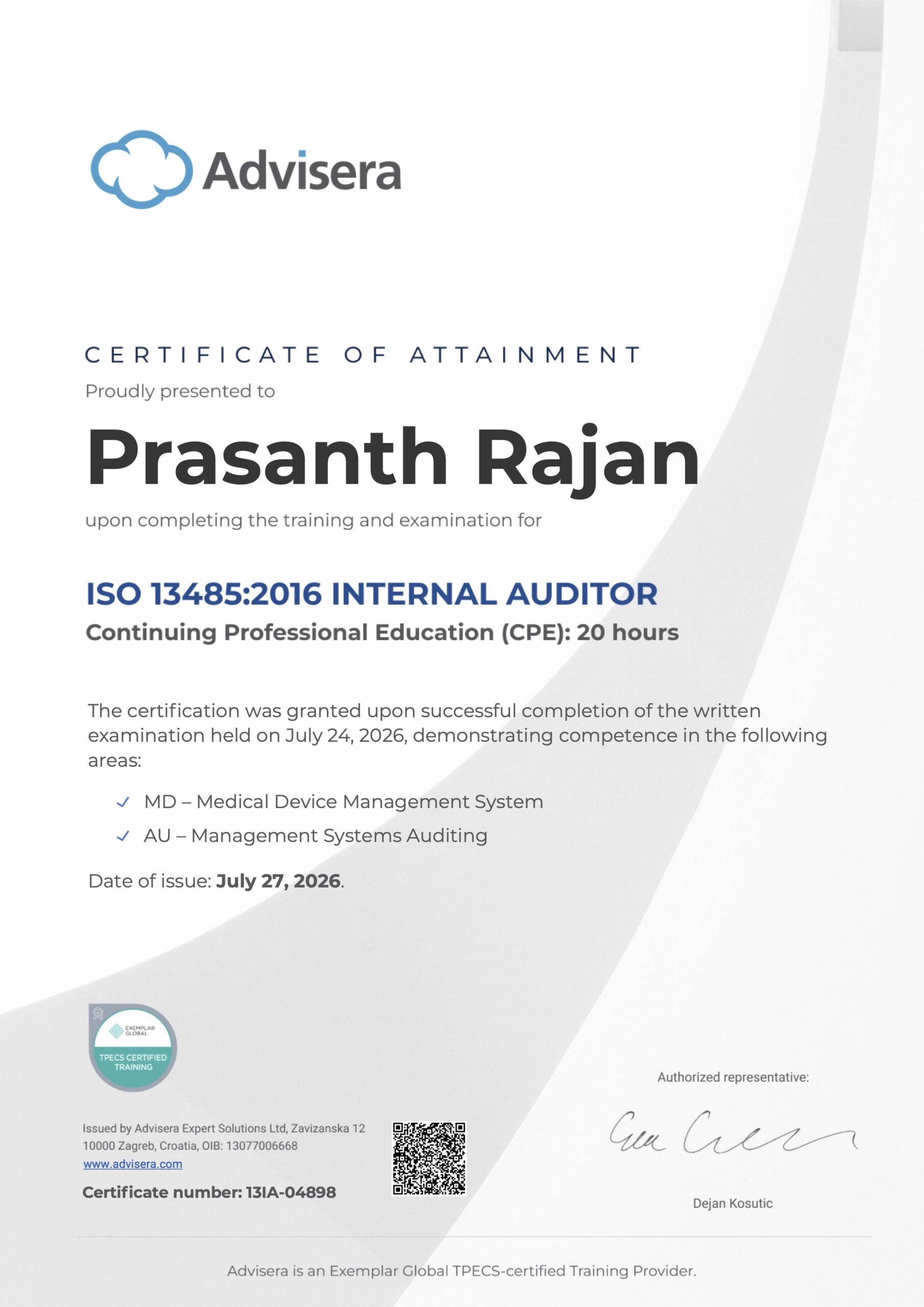 13IA-04898 Certificate ISO 13485 Internal Auditor Prasanth Rajan