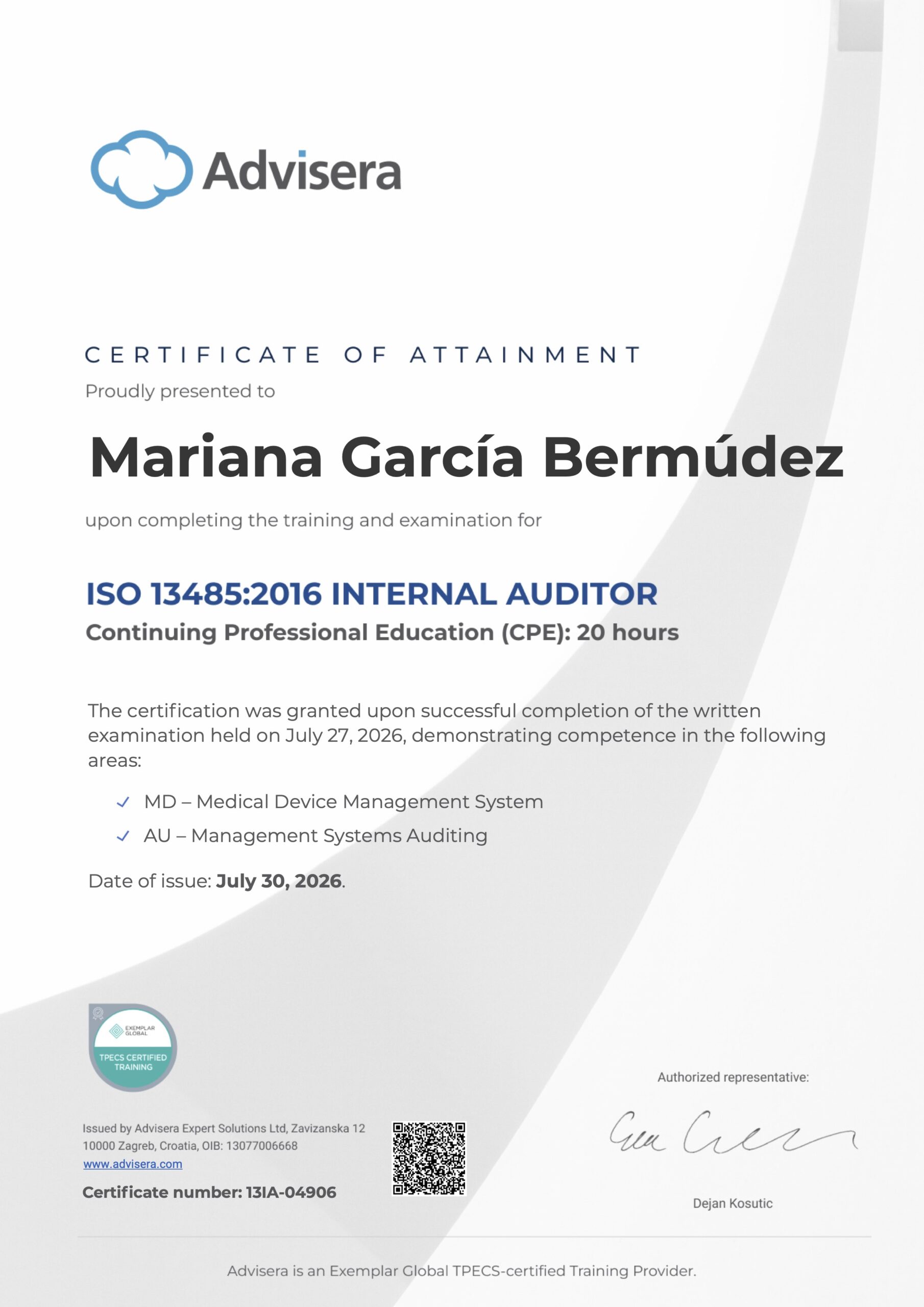 13IA-04906 Certificate ISO 13485 Internal Auditor Mariana García Bermúdez