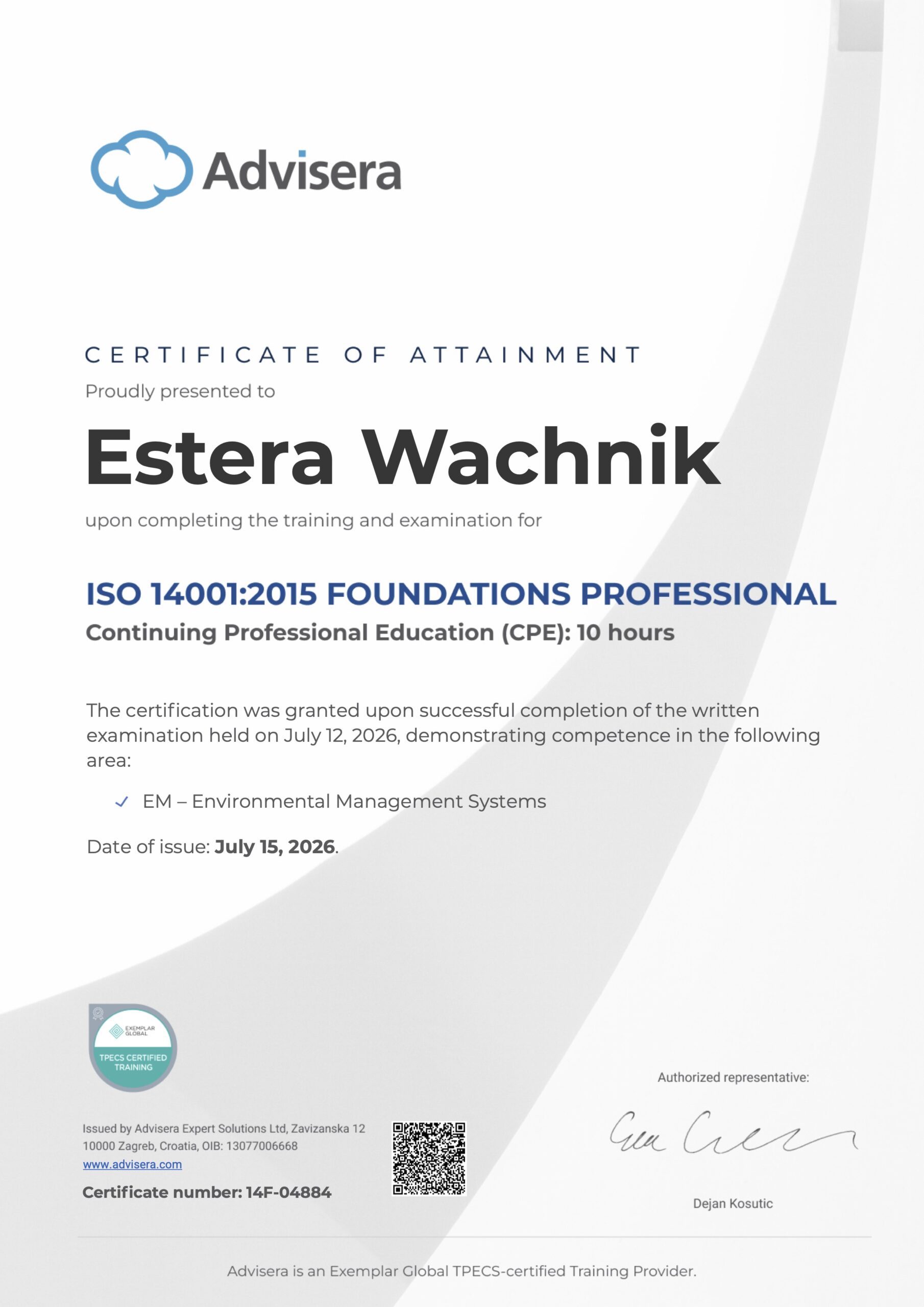 14F-04884 Certificate ISO 14001 Foundations Estera Wachnik