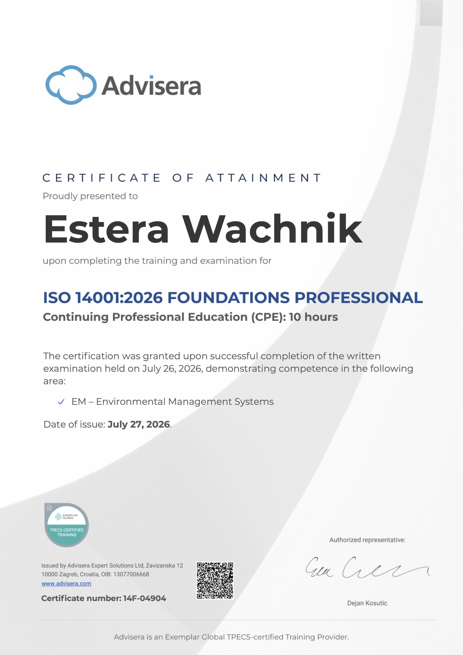 14F-04904 Certificate ISO 14001 Foundations Estera Wachnik