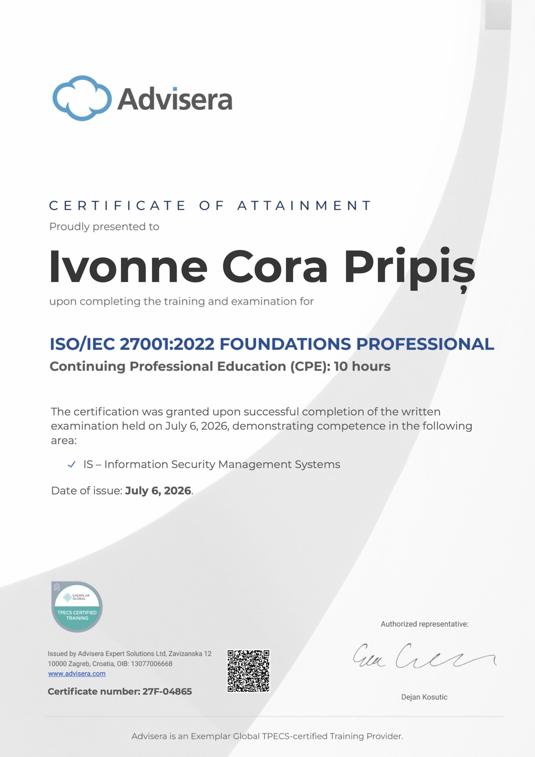 27F-04865 Certificate ISO 27001 Foundations Ivonne Cora Pripis
