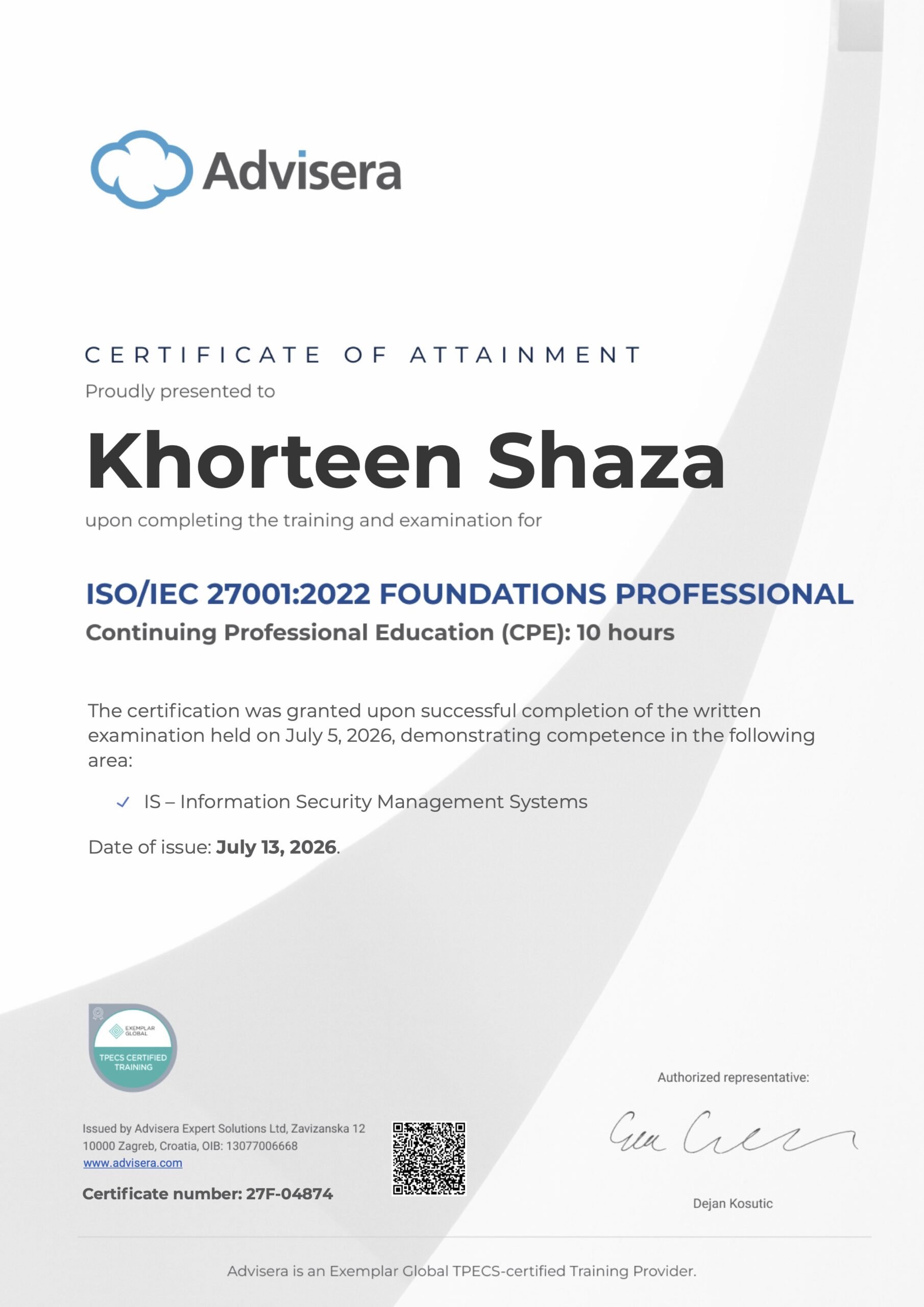 27F-04874 Certificate ISO 27001 Foundations Khorteen Shaza
