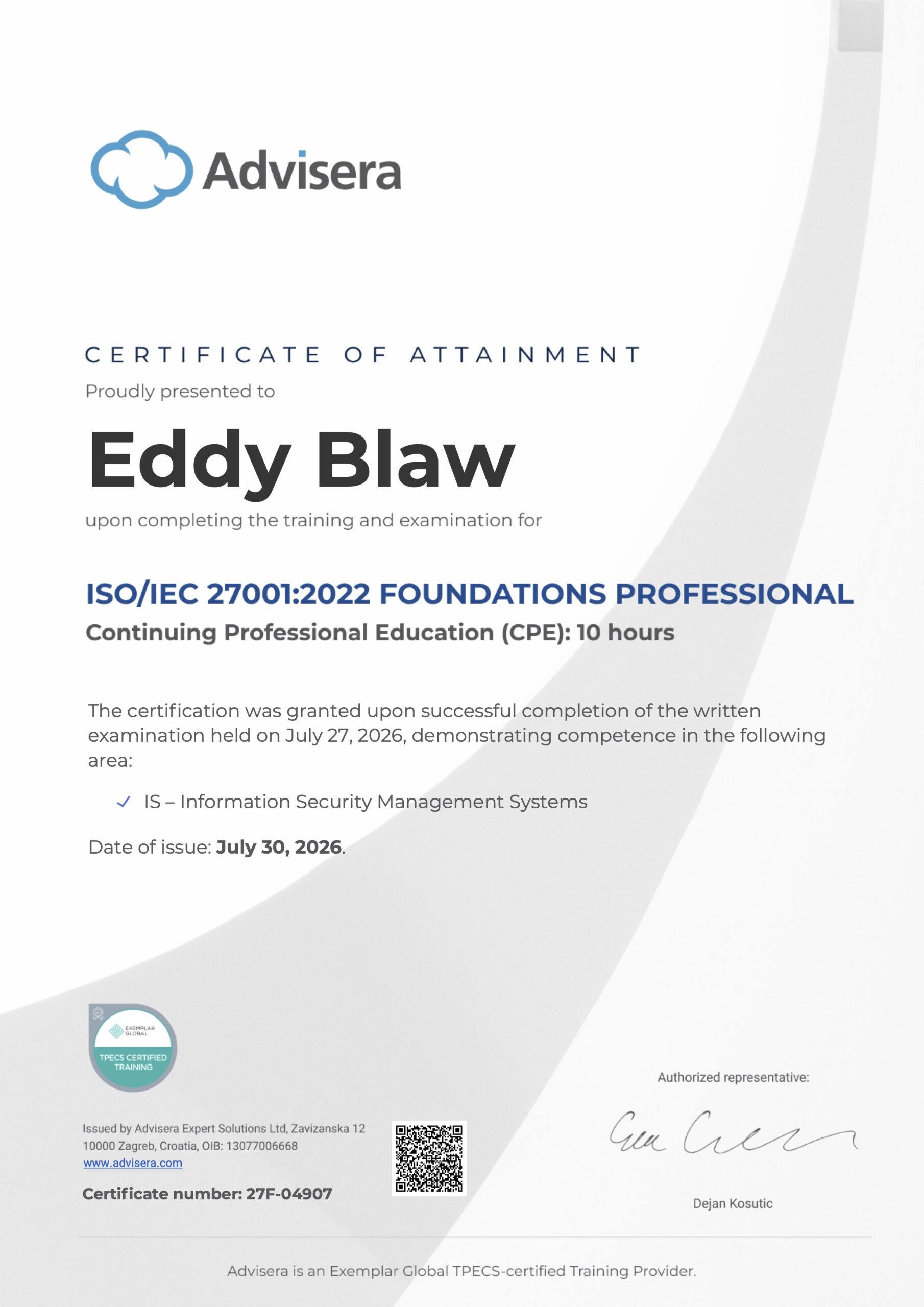 27F-04907 Certificate ISO 27001 Foundations Eddy Blaw